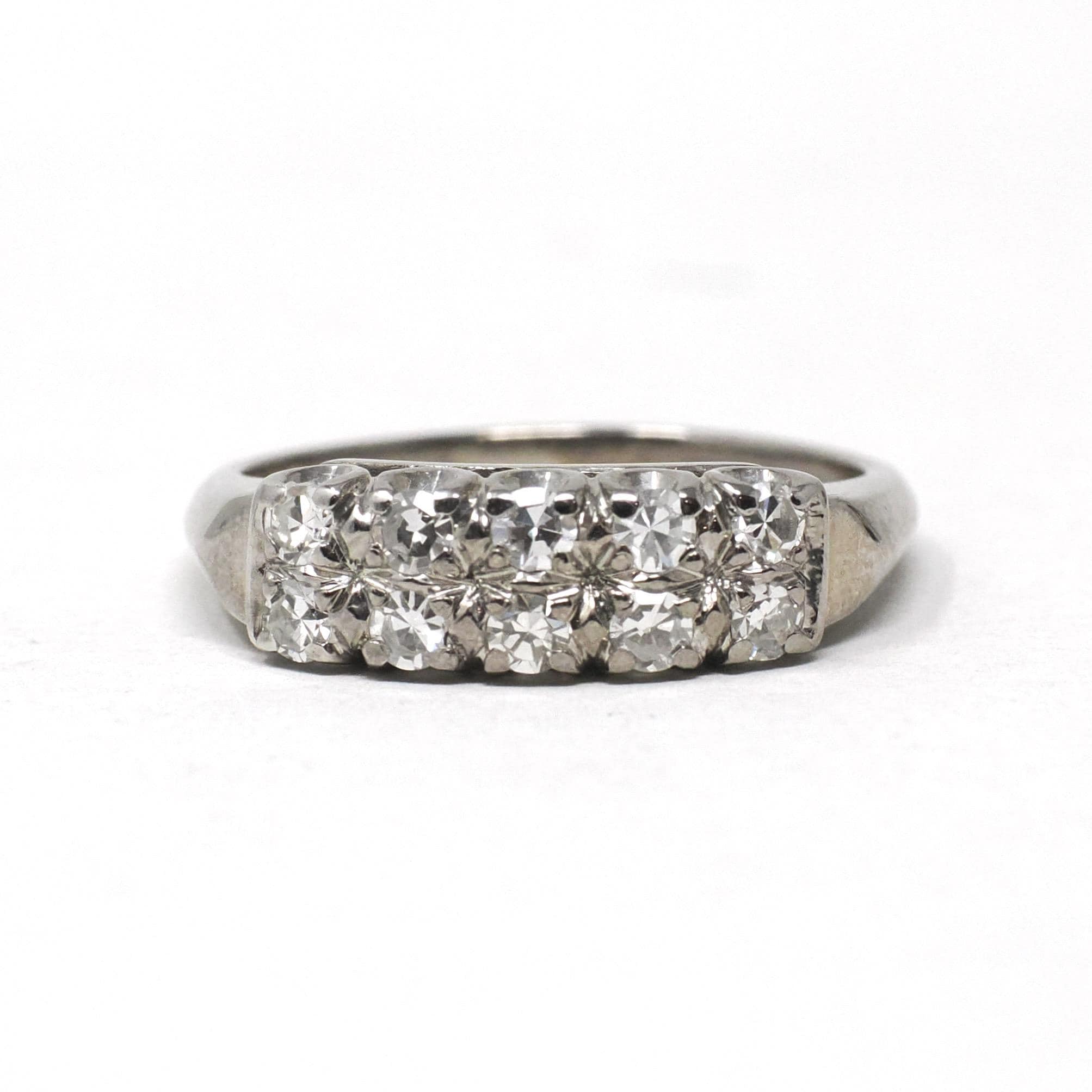 Mid Century Ring - Vintage 14k White Gold .40 CTW Diamond Two Row Wedding Band - Circa 1950s Size 6 1/2 Fine Stacking Bridal Jewelry