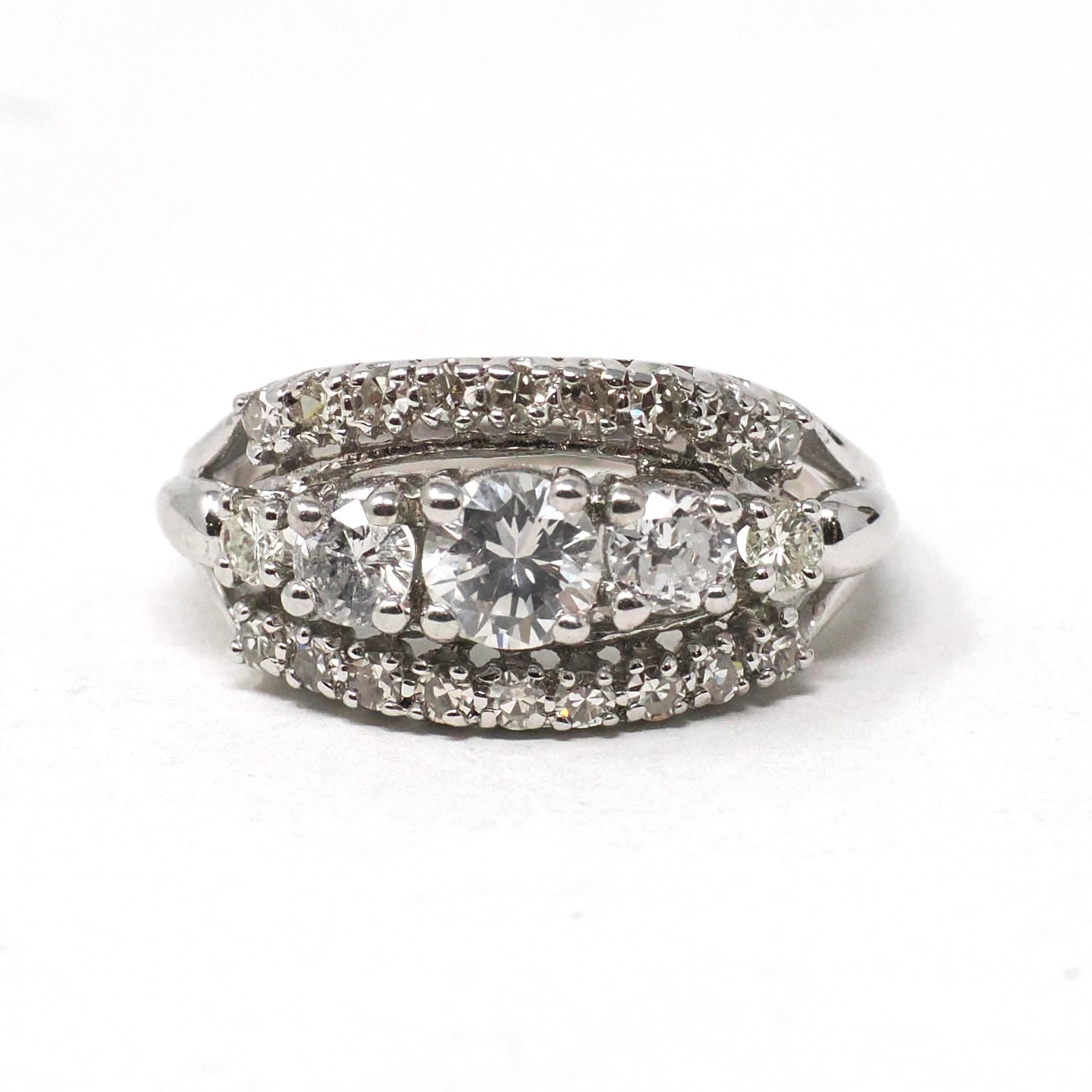 Graduated Diamond Ring - Modern Era 14k White Gold 1.05 CTW Natural Round Brilliant Cut Band - Estate Size 6 1/4 Fine Anniversary Jewelry