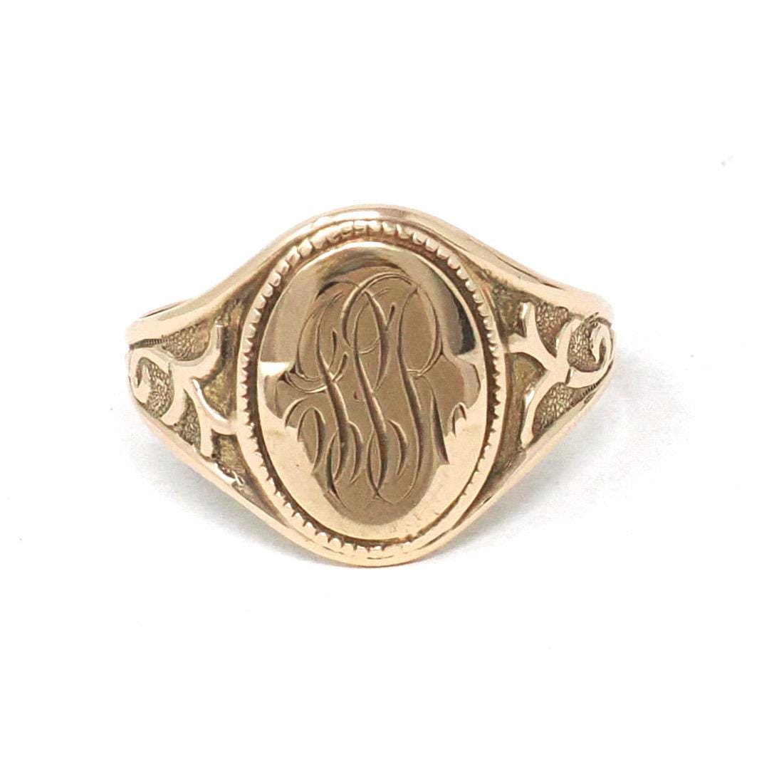 Edwardian Signet Ring - Antique 10k Yellow Gold JPR Engraved Script Monogram Initials - Art Nouveau 1910s Era Size 9 Fine Vines Jewelry