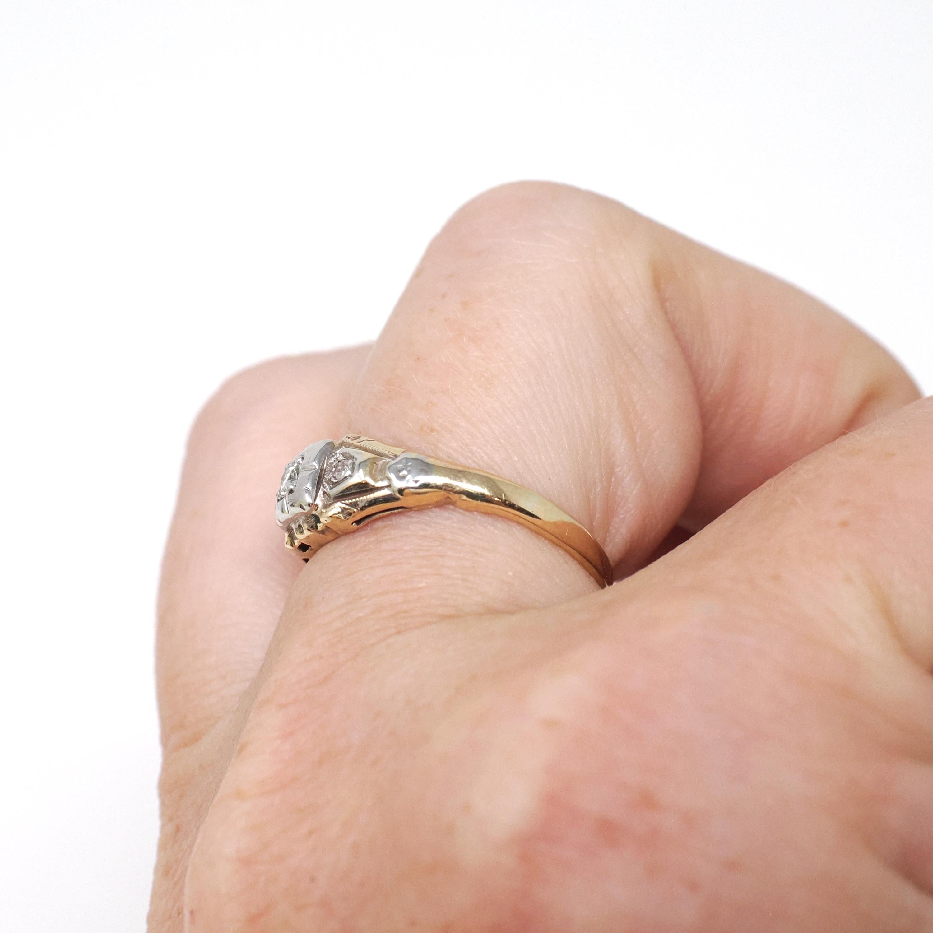 Vintage Engagement Ring - Mid Century 14k Yellow & White Gold .07 CTW Natural Diamonds - Circa 1940s Size 5.75 Two Tone Fine Bridal Jewelry