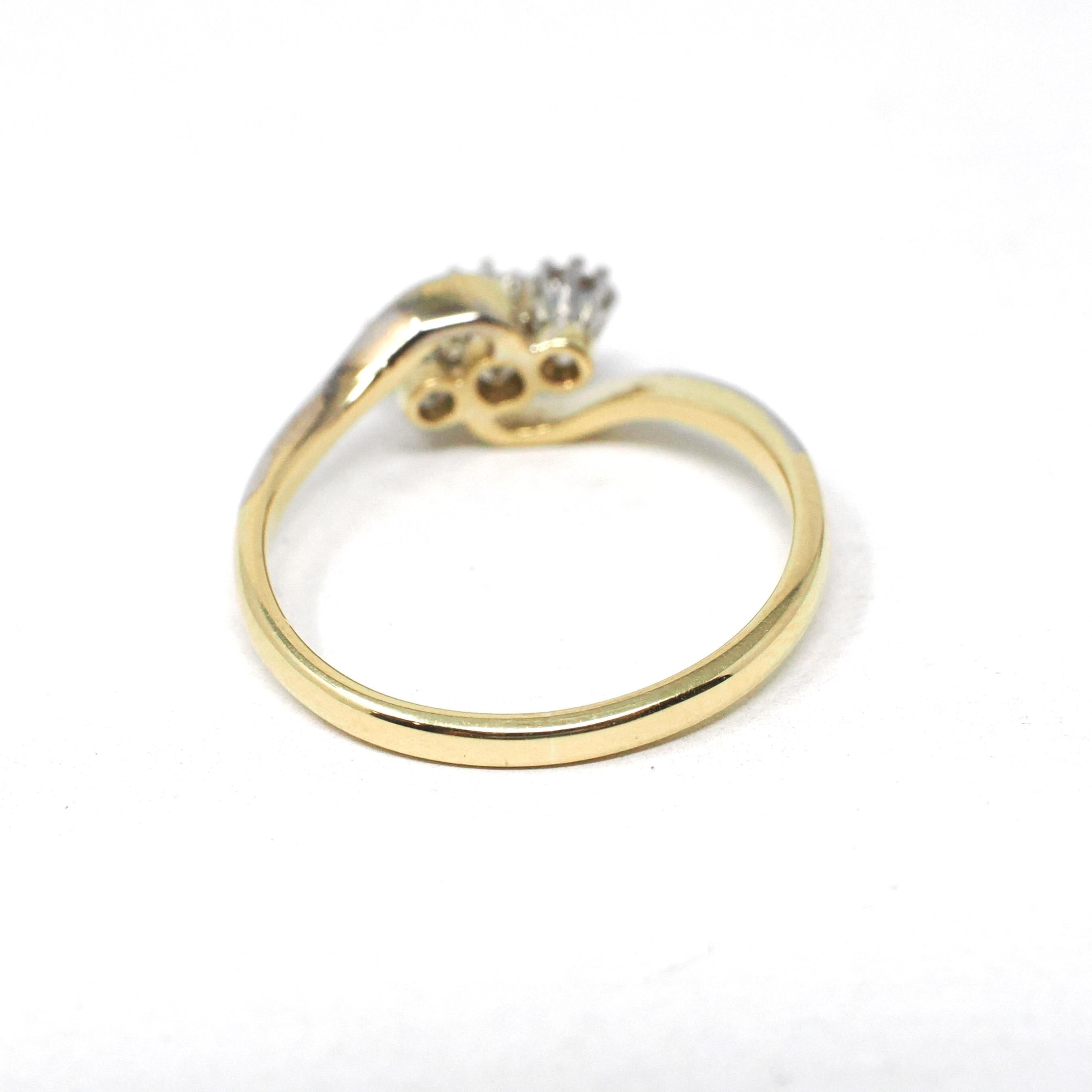 Diamond Bypass Ring - Art Deco 18k Yellow & White Gold .16 CTW Old European Cut Band - Circa 1930s Era Size 6 Fine Bridal Engagement Jewelry
