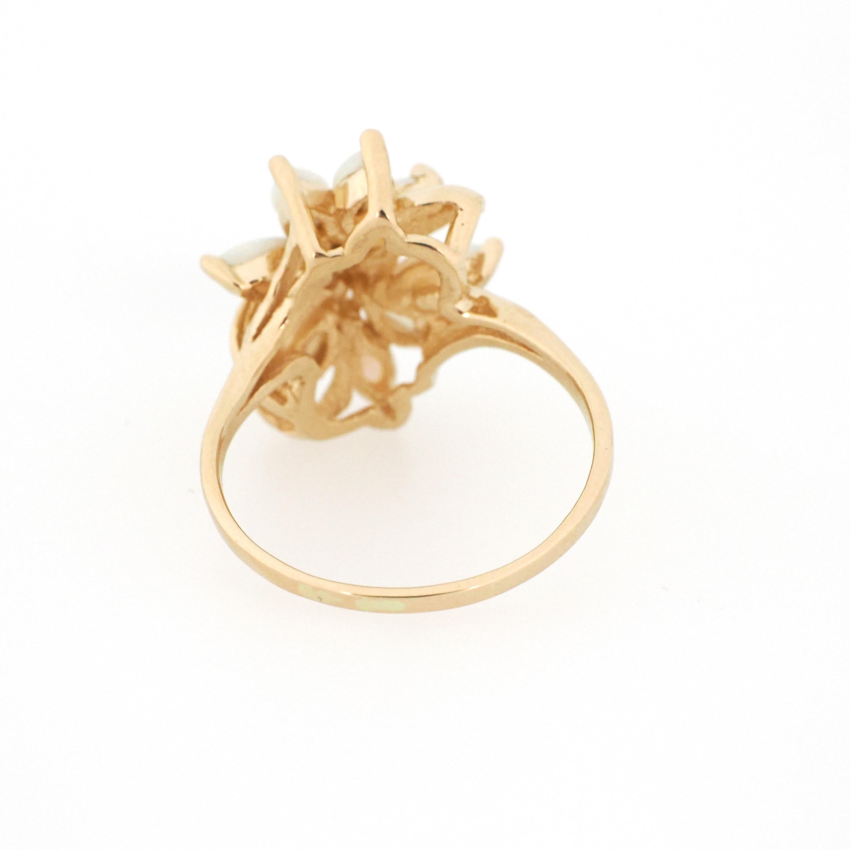 Opal Cluster Ring - Vintage 14k Yellow Gold Natural Gemstones & .03 CTW Diamond Accent - Retro Circa 1970s Size 8 1/2 Fine Floral Jewelry
