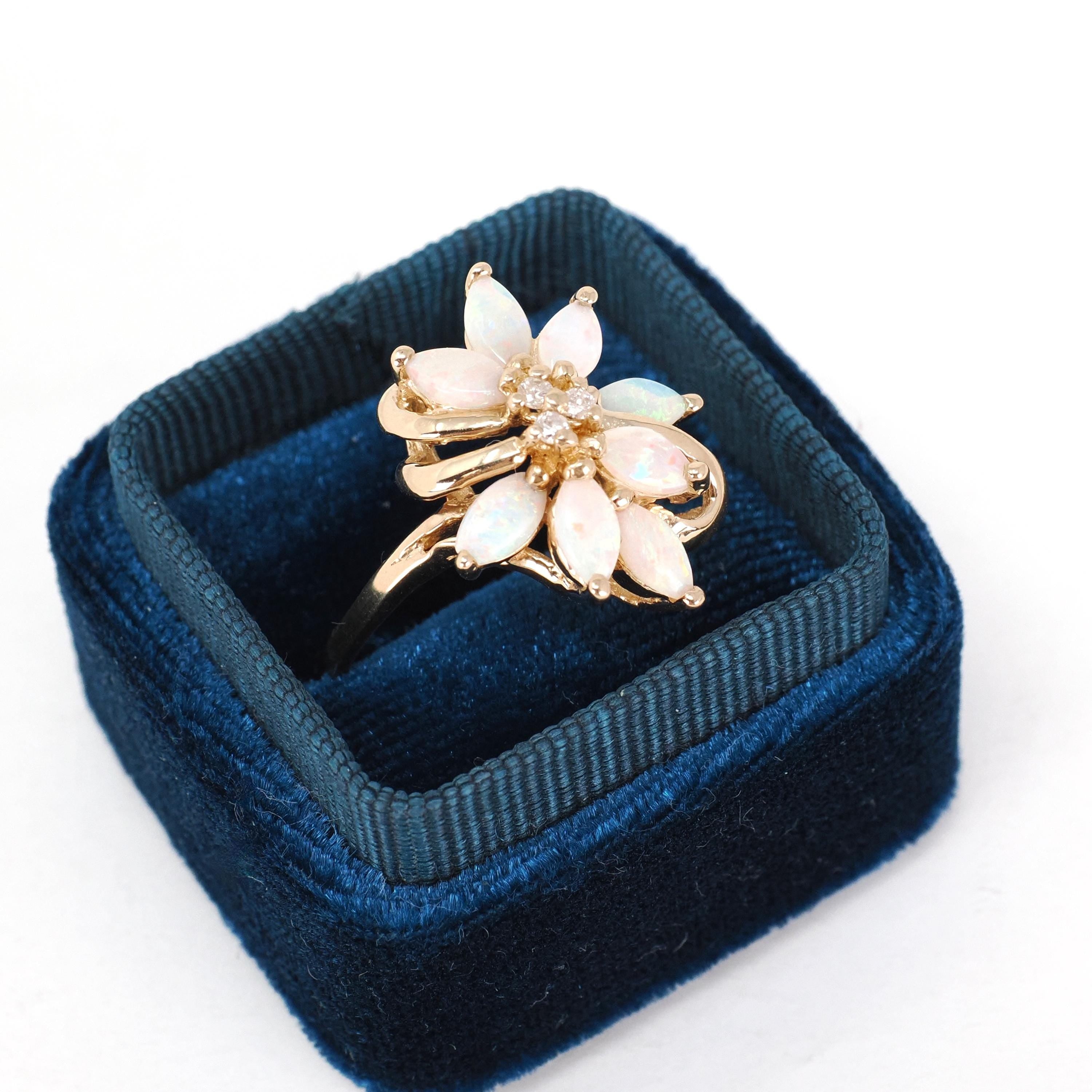 Opal Cluster Ring - Vintage 14k Yellow Gold Natural Gemstones & .03 CTW Diamond Accent - Retro Circa 1970s Size 8 1/2 Fine Floral Jewelry