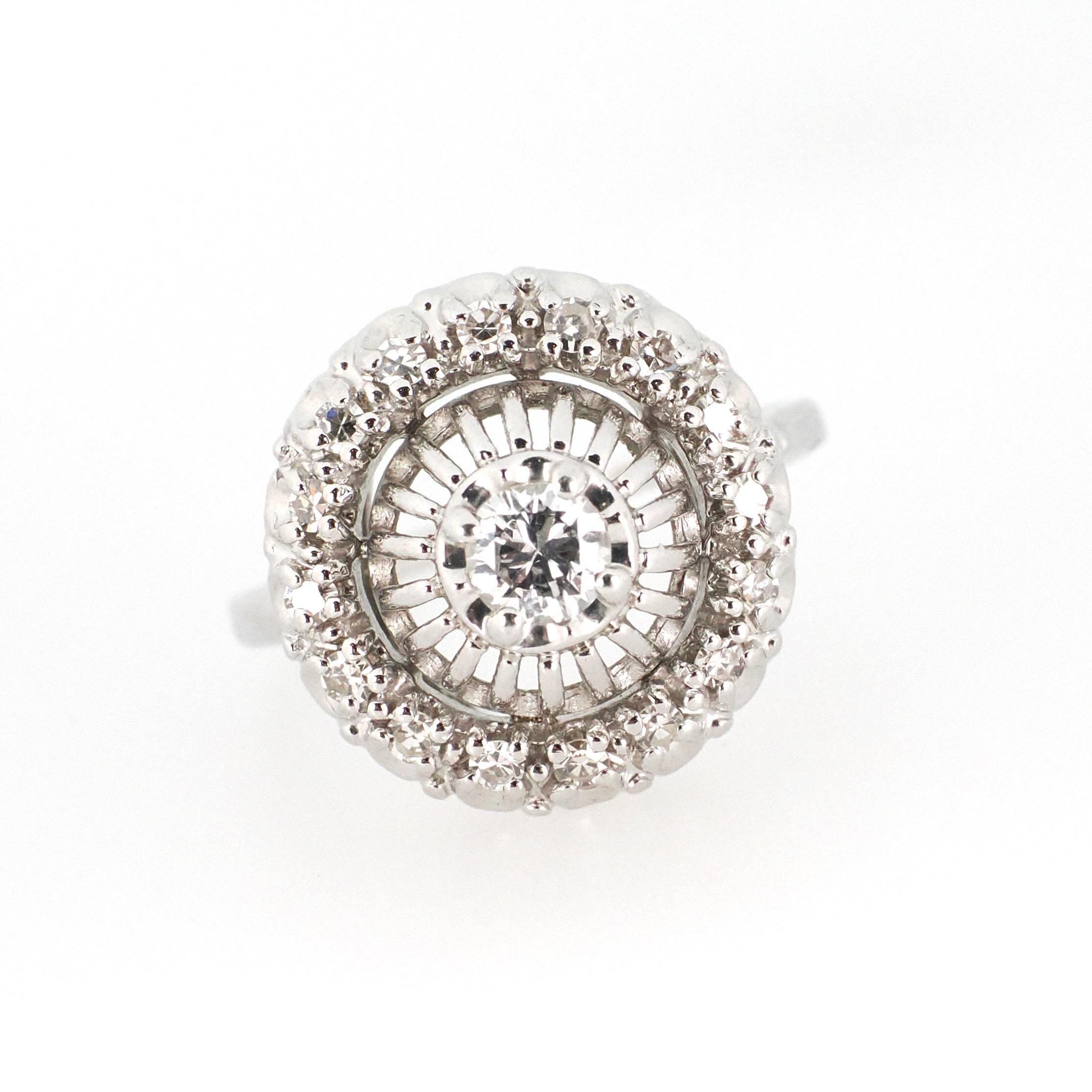 Diamond Halo Ring - Mid Century 14k White Gold .47 CTW Natural Prong Set Tiered Cluster - Vintage Circa 1950s Size 6 Fine Engagement Jewelry