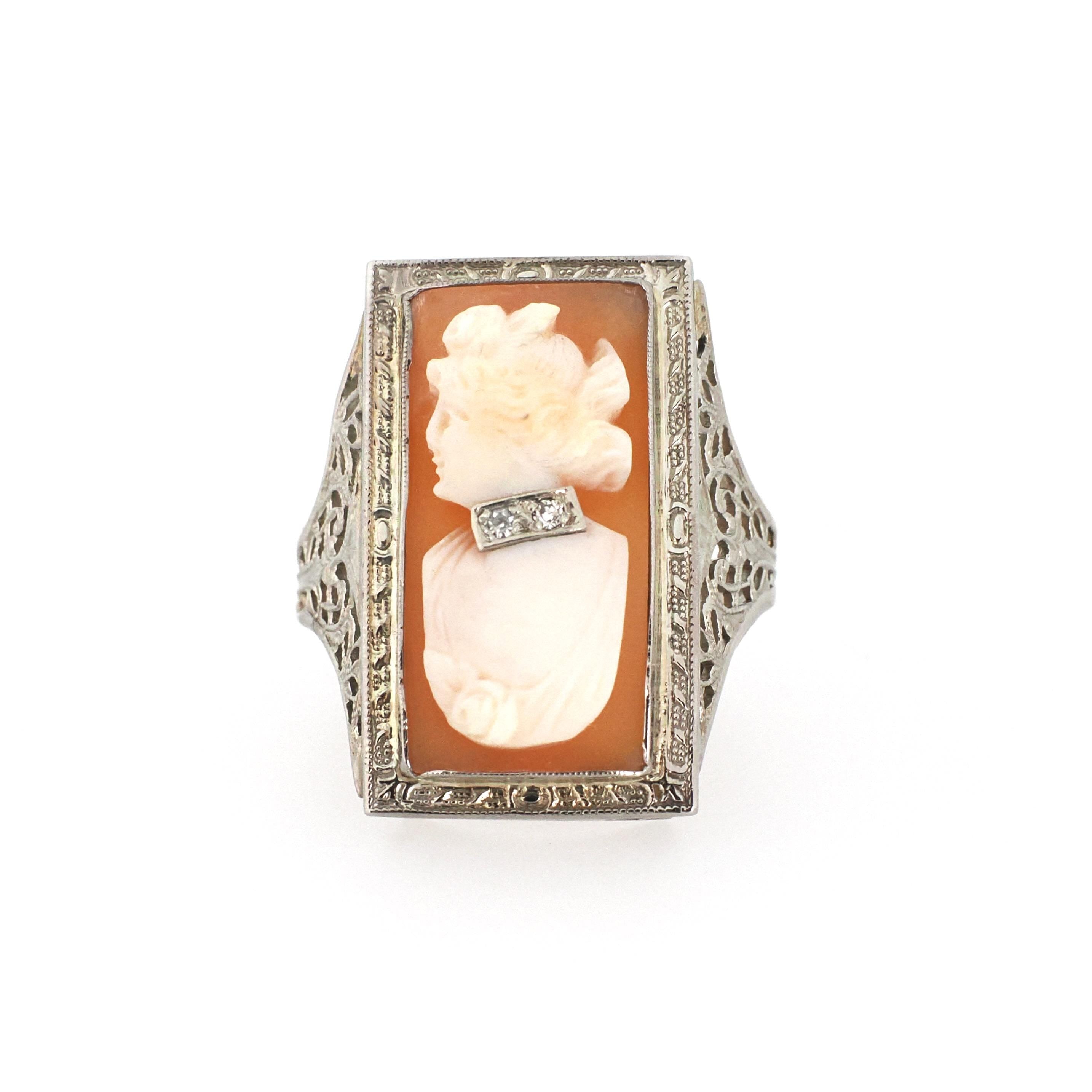 Vintage Cameo Habillé Ring - Art Deco 14k White Gold Carved Shell & Natural Diamonds - Circa 1930s Era Size 9 Portrait Fine Filigree Jewelry