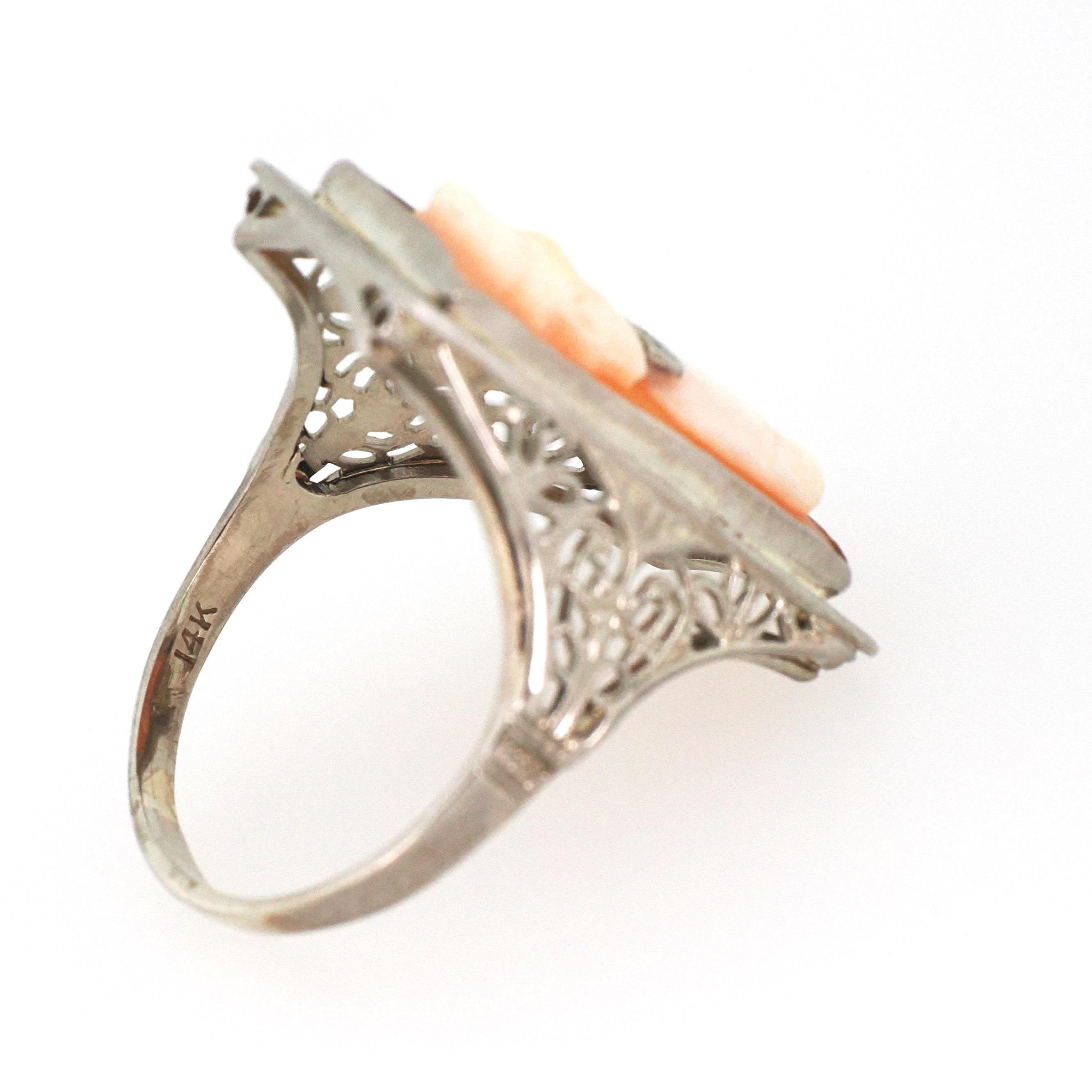 Vintage Cameo Habillé Ring - Art Deco 14k White Gold Carved Shell & Natural Diamonds - Circa 1930s Era Size 9 Portrait Fine Filigree Jewelry