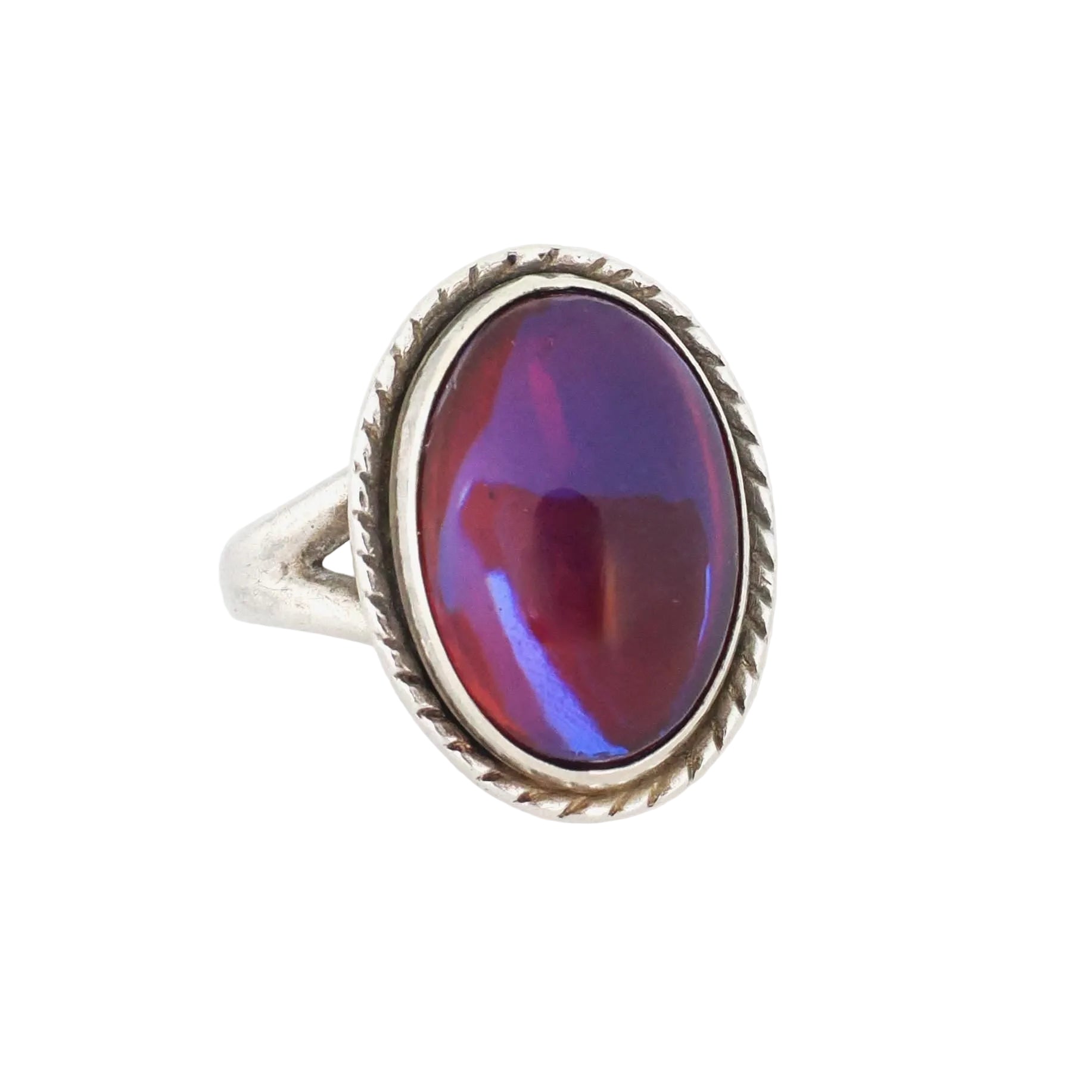 Dragon's Breath Ring - Art Deco Sterling Silver Purple Blue Red Orange Art Glass - Vintage Circa 1930s Era Size 4 1/4 Cabochon Cut Jewelry