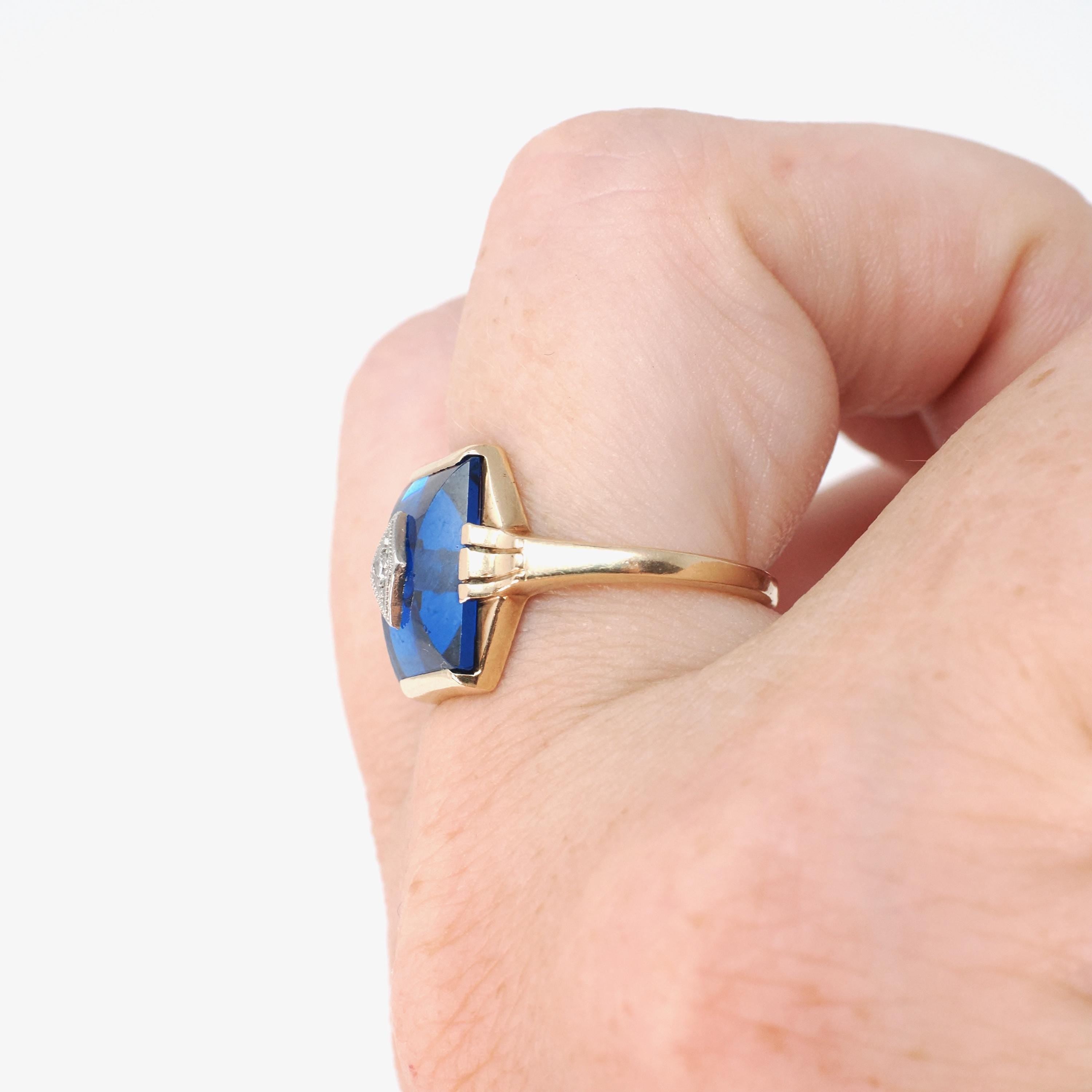 Created Blue Spinel Ring - Mid Century 10k Yellow Gold Fancy Cut Stone & Natural Diamond Signet - Circa 1940s Era Size 6 Fine Unisex Jewelry
