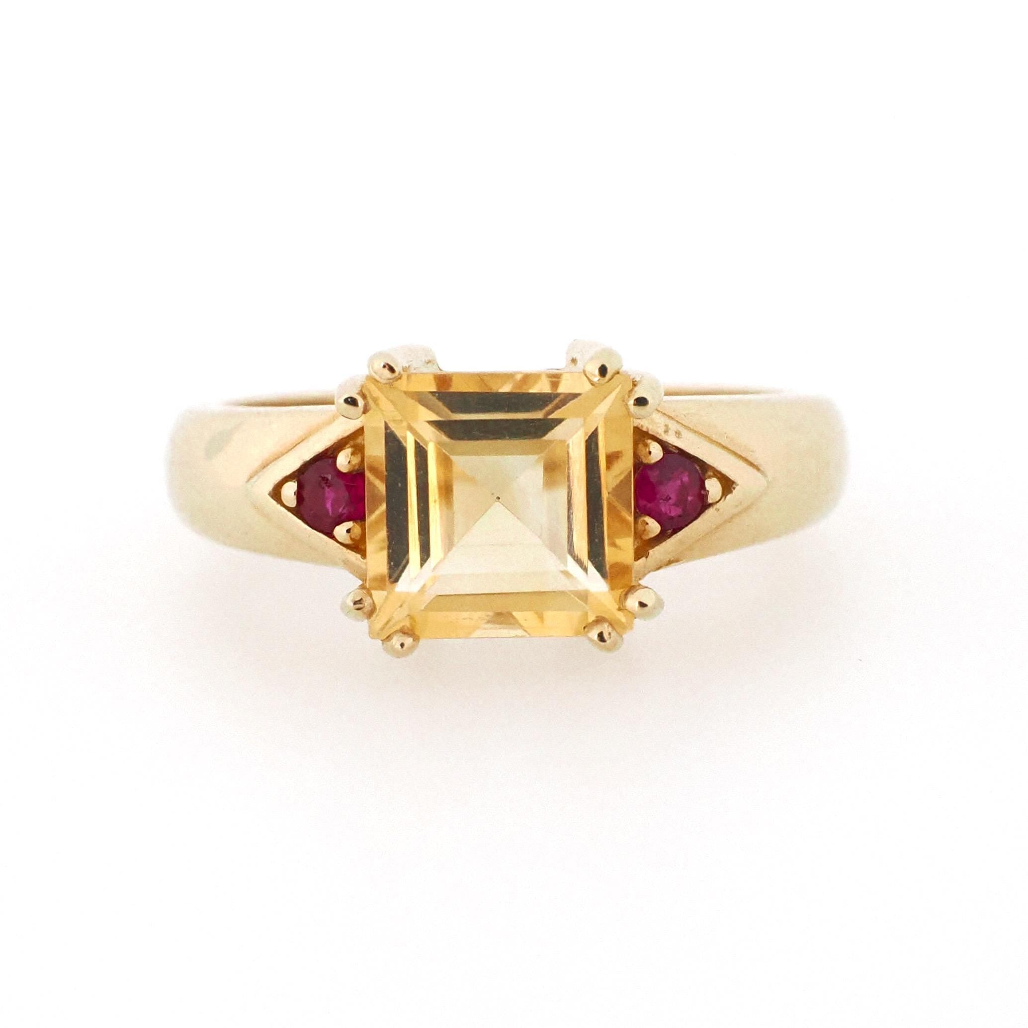 Modern Citrine Ring - Estate 14k Yellow Gold Natural Square Citrine & Created Ruby Gemstones - Circa 2000s Era Size 6 Fine November Jewelry