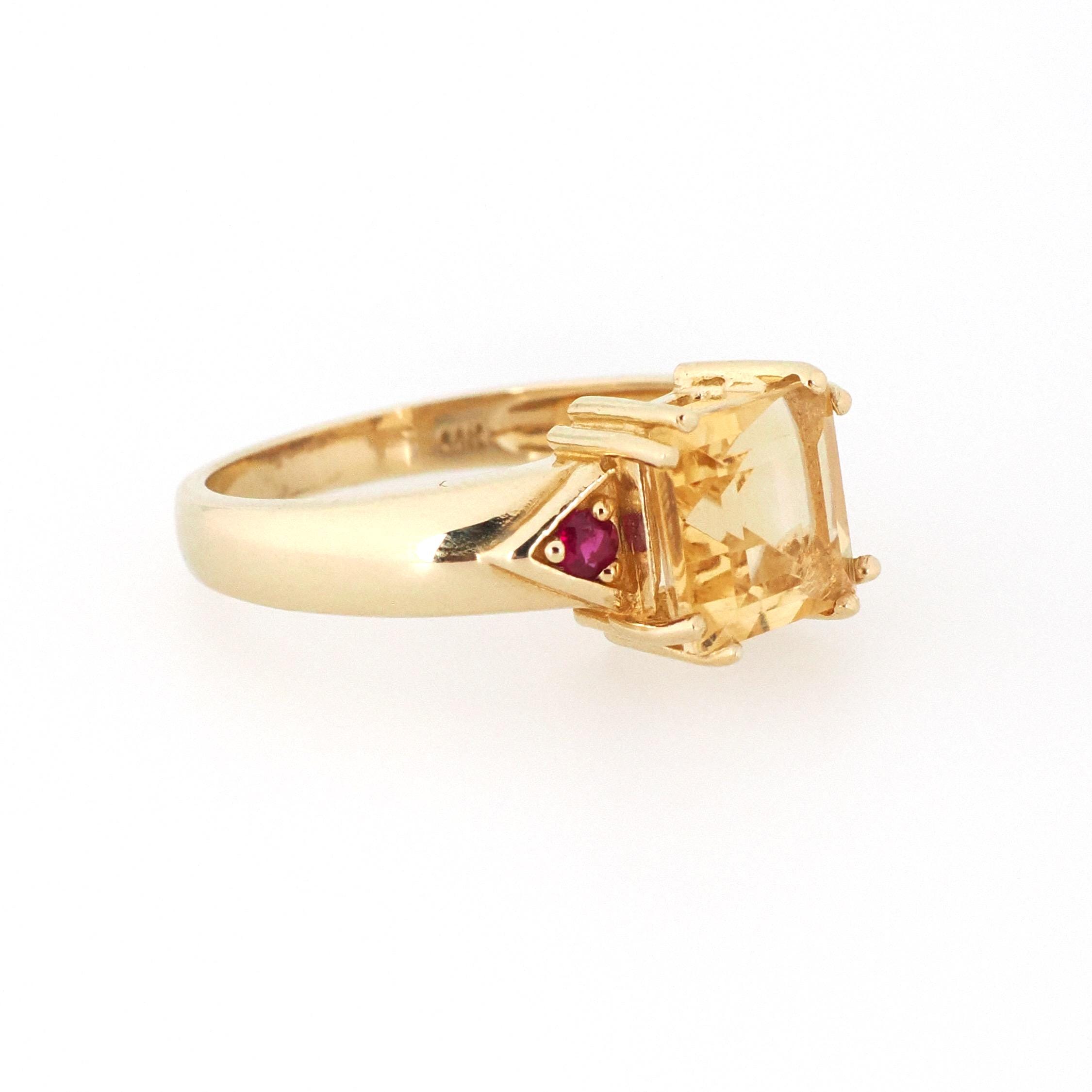 Modern Citrine Ring - Estate 14k Yellow Gold Natural Square Citrine & Created Ruby Gemstones - Circa 2000s Era Size 6 Fine November Jewelry