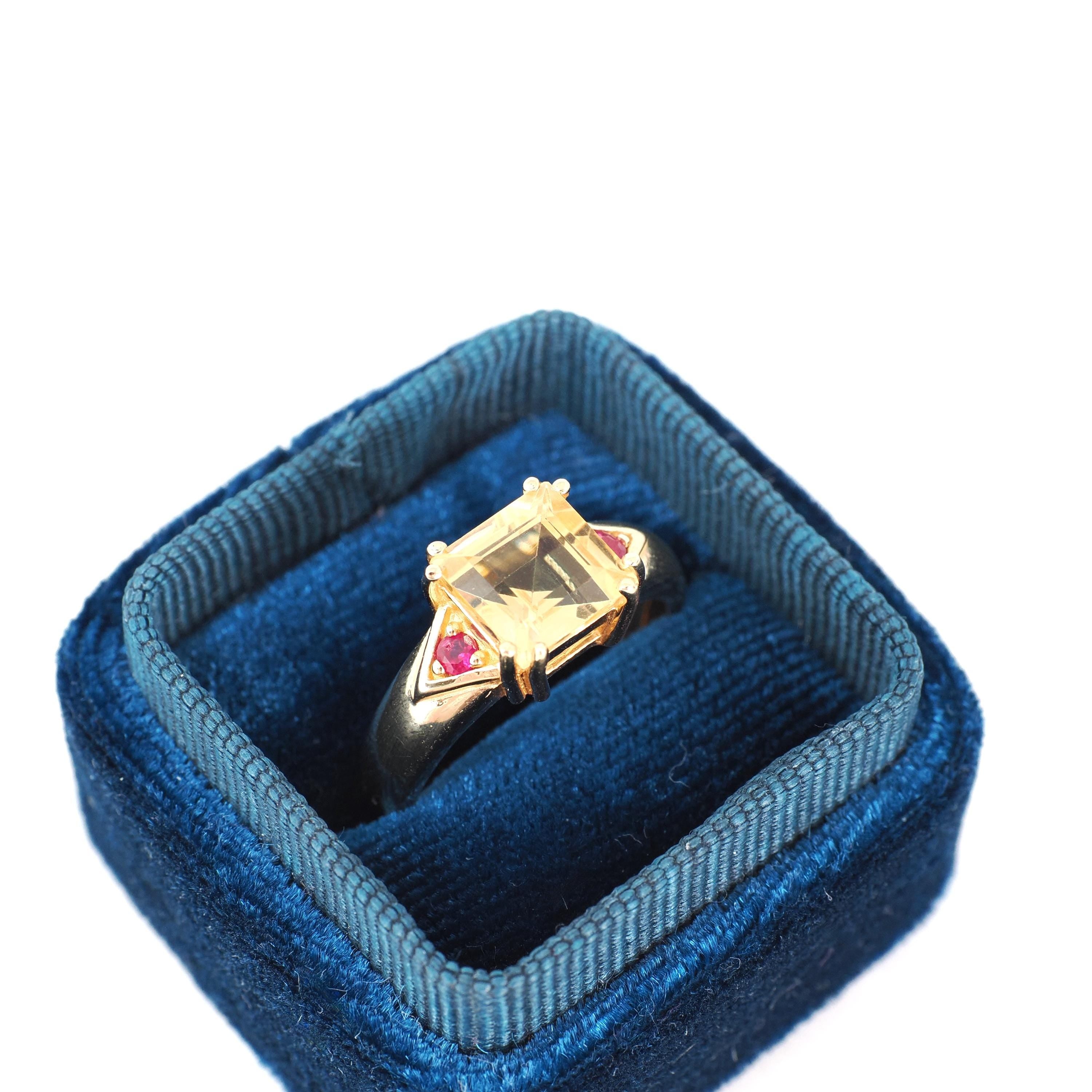 Modern Citrine Ring - Estate 14k Yellow Gold Natural Square Citrine & Created Ruby Gemstones - Circa 2000s Era Size 6 Fine November Jewelry