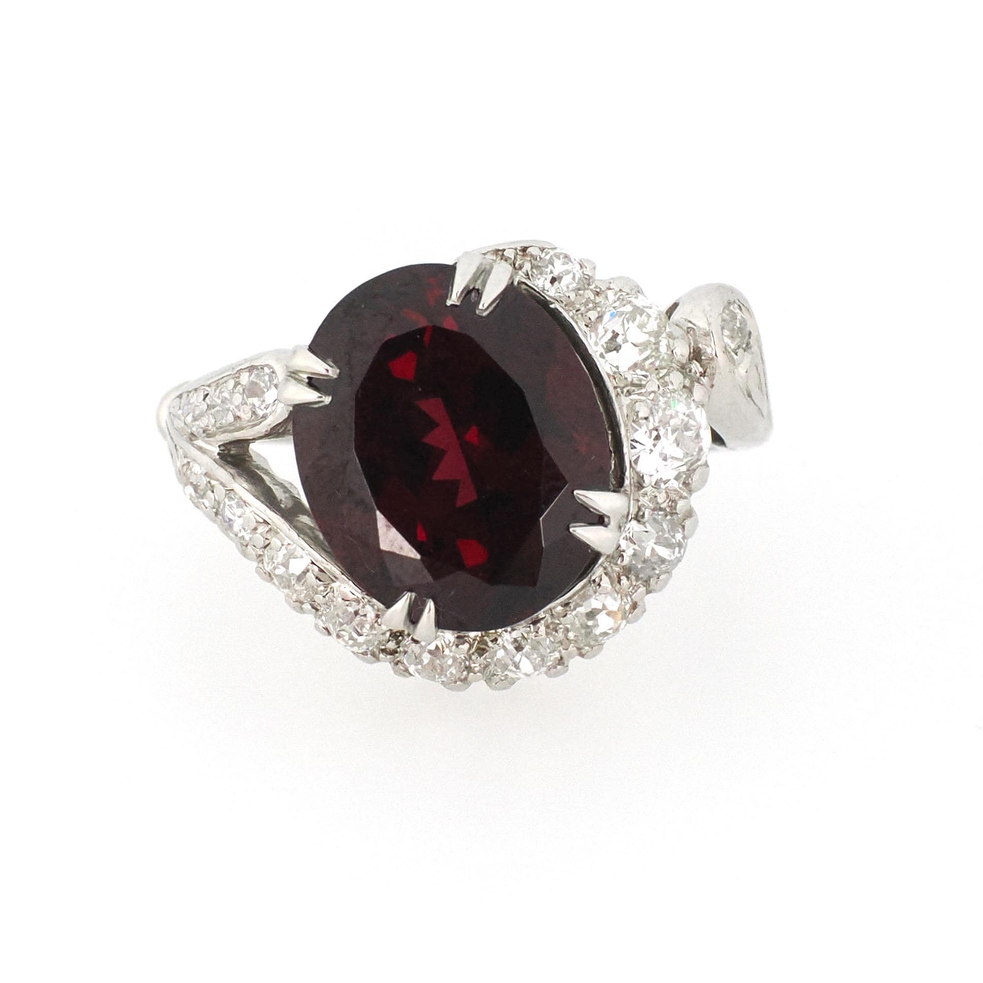 Bypass Halo Ring - Mid Century Platinum 6.55 CT Natural Red Garnet .91 CTW Diamond Swirl Engagement - Circa 1950s Size 6 1/2 Fine Jewelry