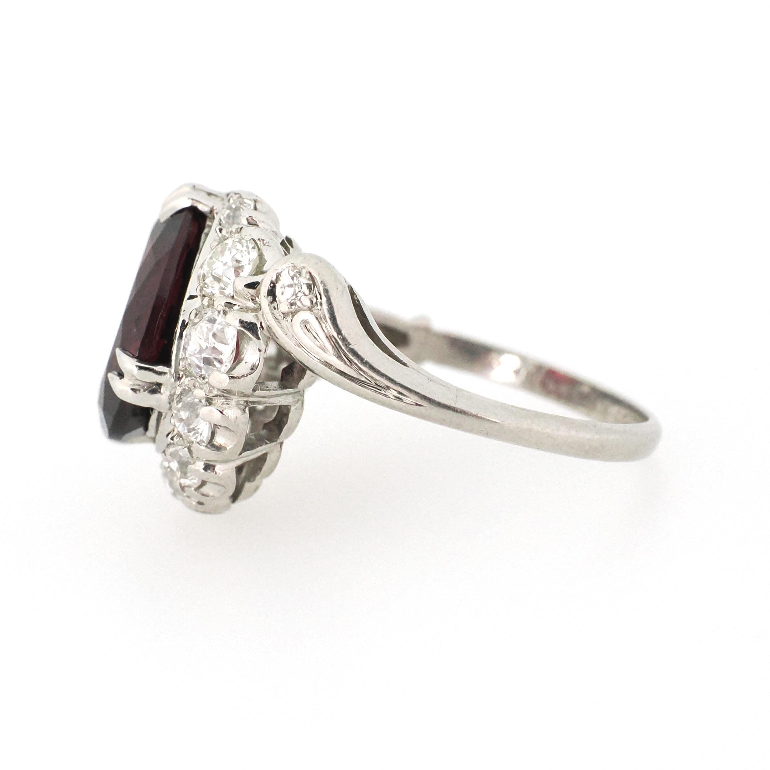 Bypass Halo Ring - Mid Century Platinum 6.55 CT Natural Red Garnet .91 CTW Diamond Swirl Engagement - Circa 1950s Size 6 1/2 Fine Jewelry