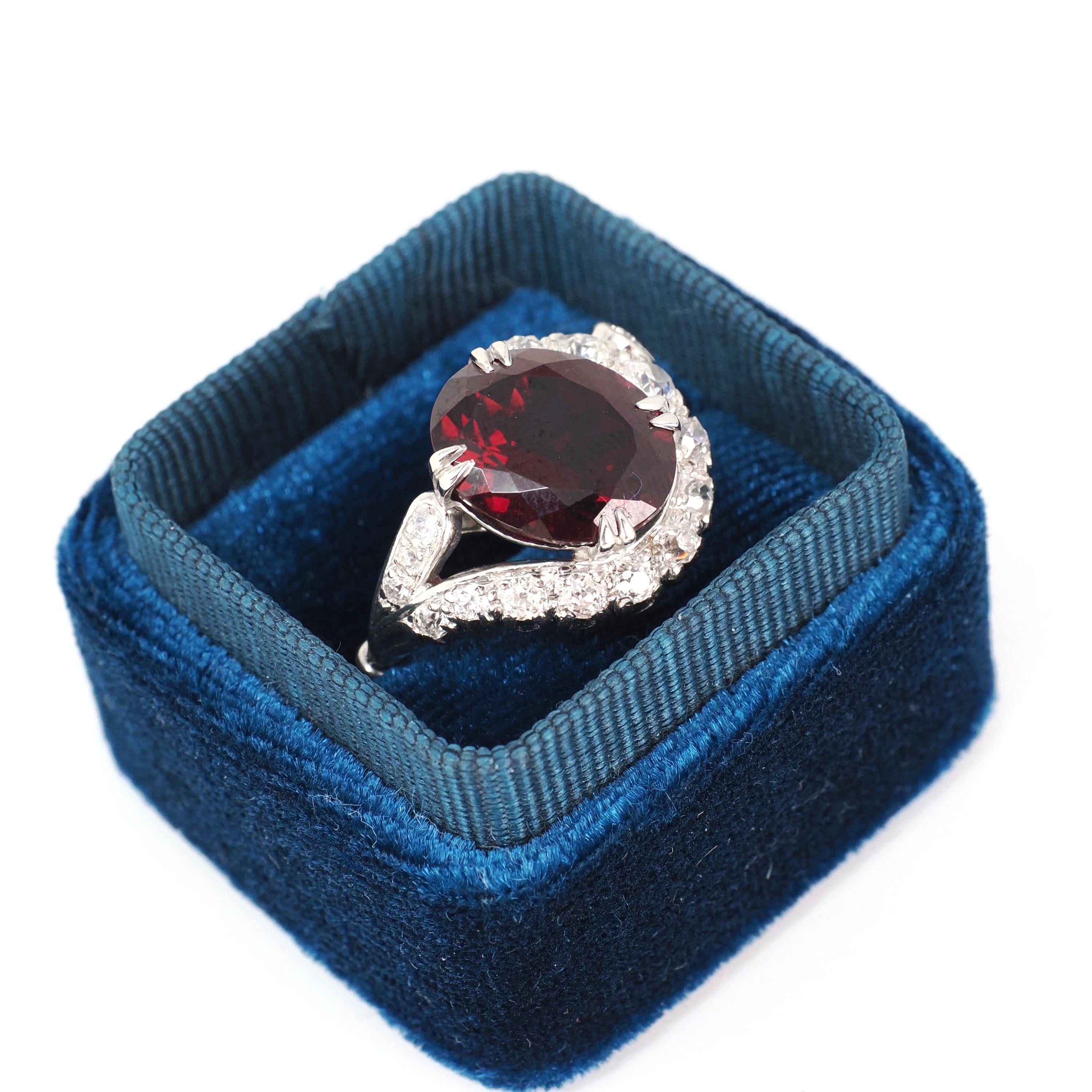 Bypass Halo Ring - Mid Century Platinum 6.55 CT Natural Red Garnet .91 CTW Diamond Swirl Engagement - Circa 1950s Size 6 1/2 Fine Jewelry