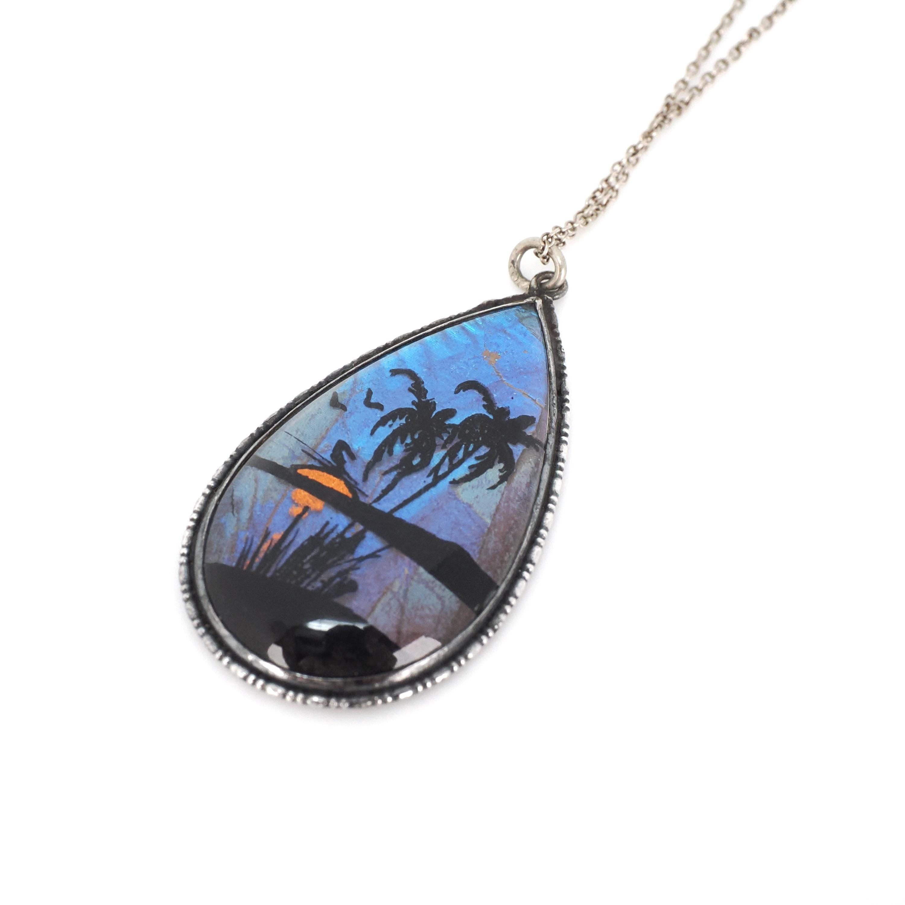 Morpho Butterfly Pendant - Mid Century Sterling Silver Blue Wing Necklace - Circa 1940s Era Tropical Sun Palm Tree Beach Souvenir Jewelry