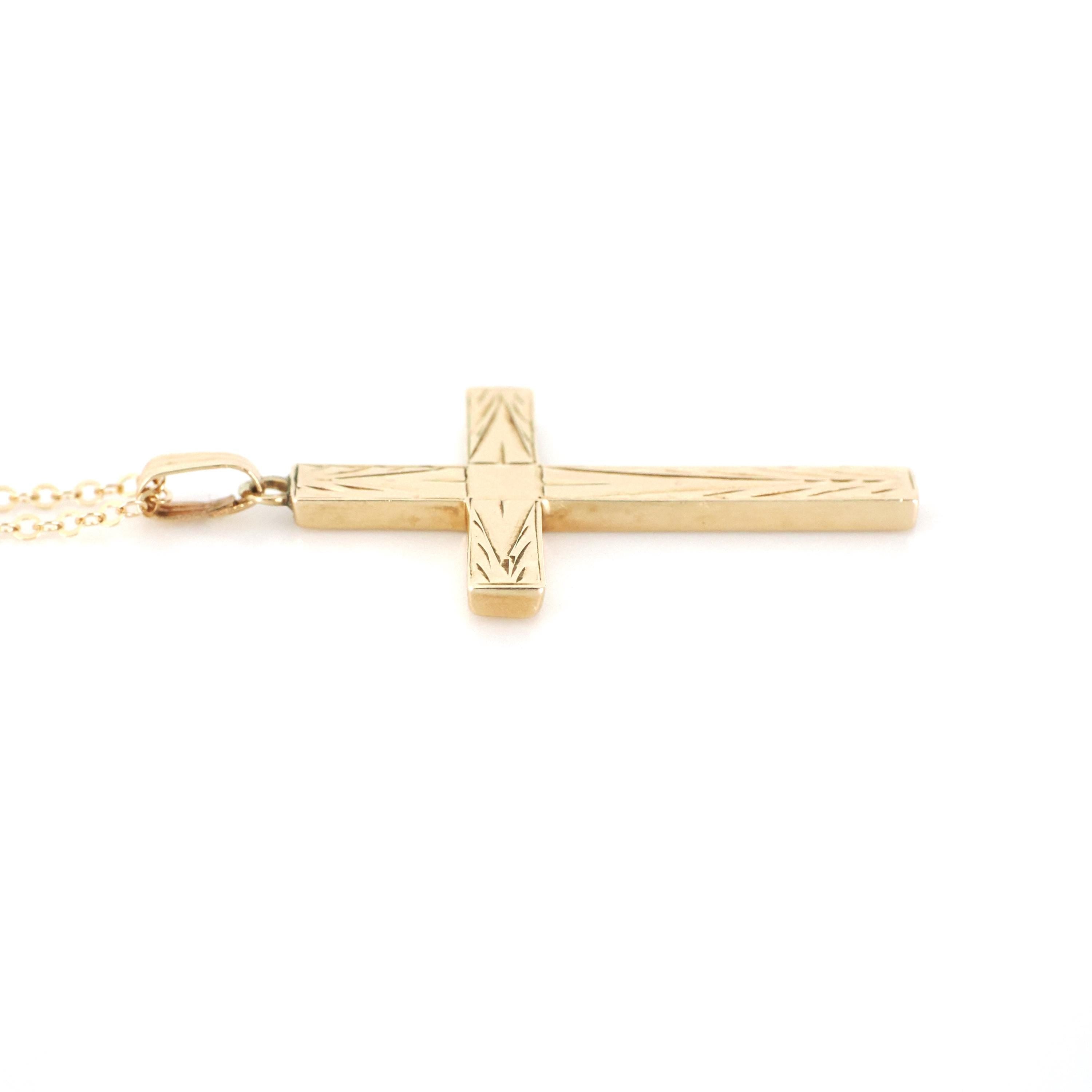 Vintage Cross Necklace - Mid Century 14k Yellow Gold Engraved Etched Pendant Charm - Circa 1950s Era Petite Religious Faith Esemco Jewelry