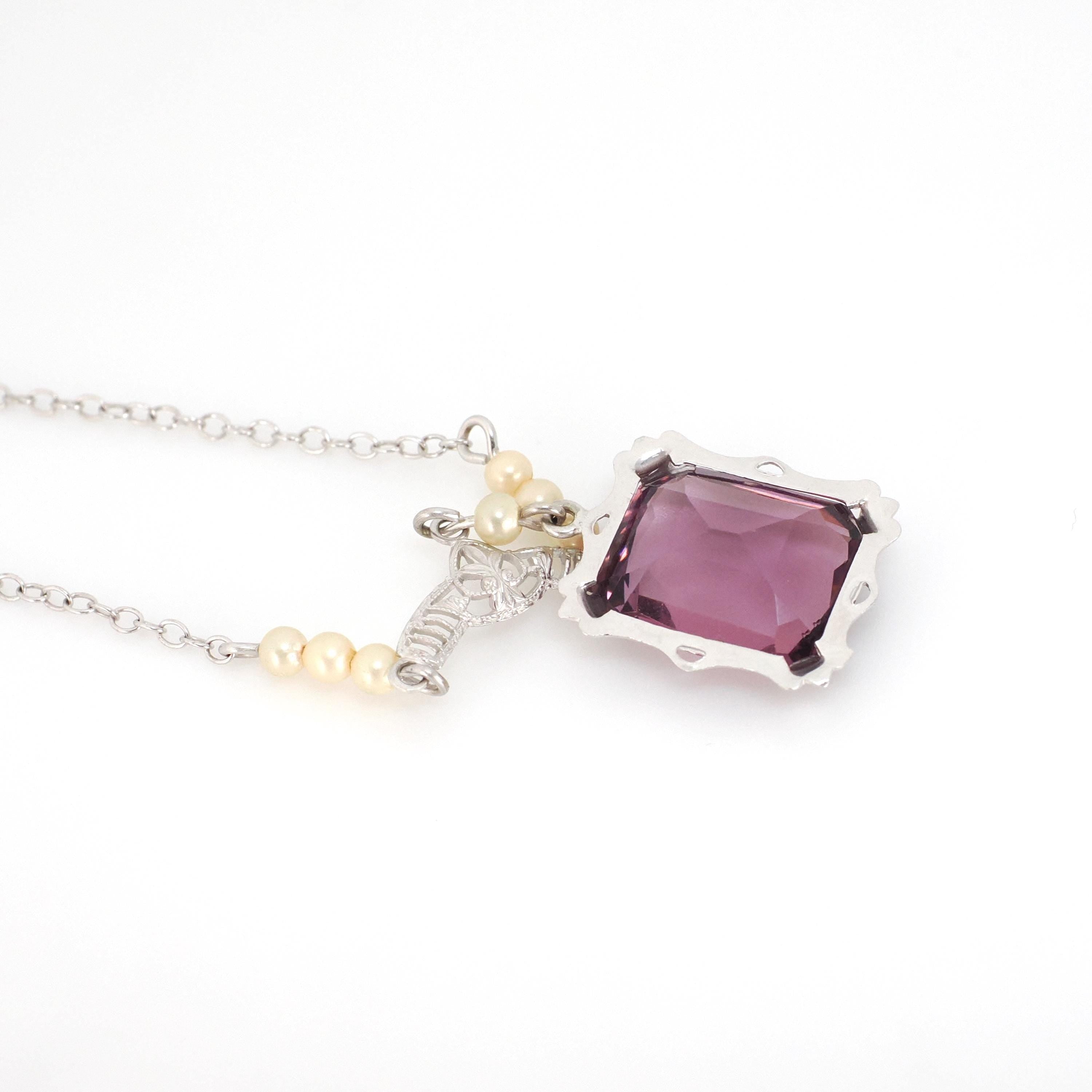 Art Deco Lavalier - Vintage 10k White Gold Simulated Amethyst Purple Glass Seed Pearl Gemstone Necklace - Circa 1930s February Fine Jewelry