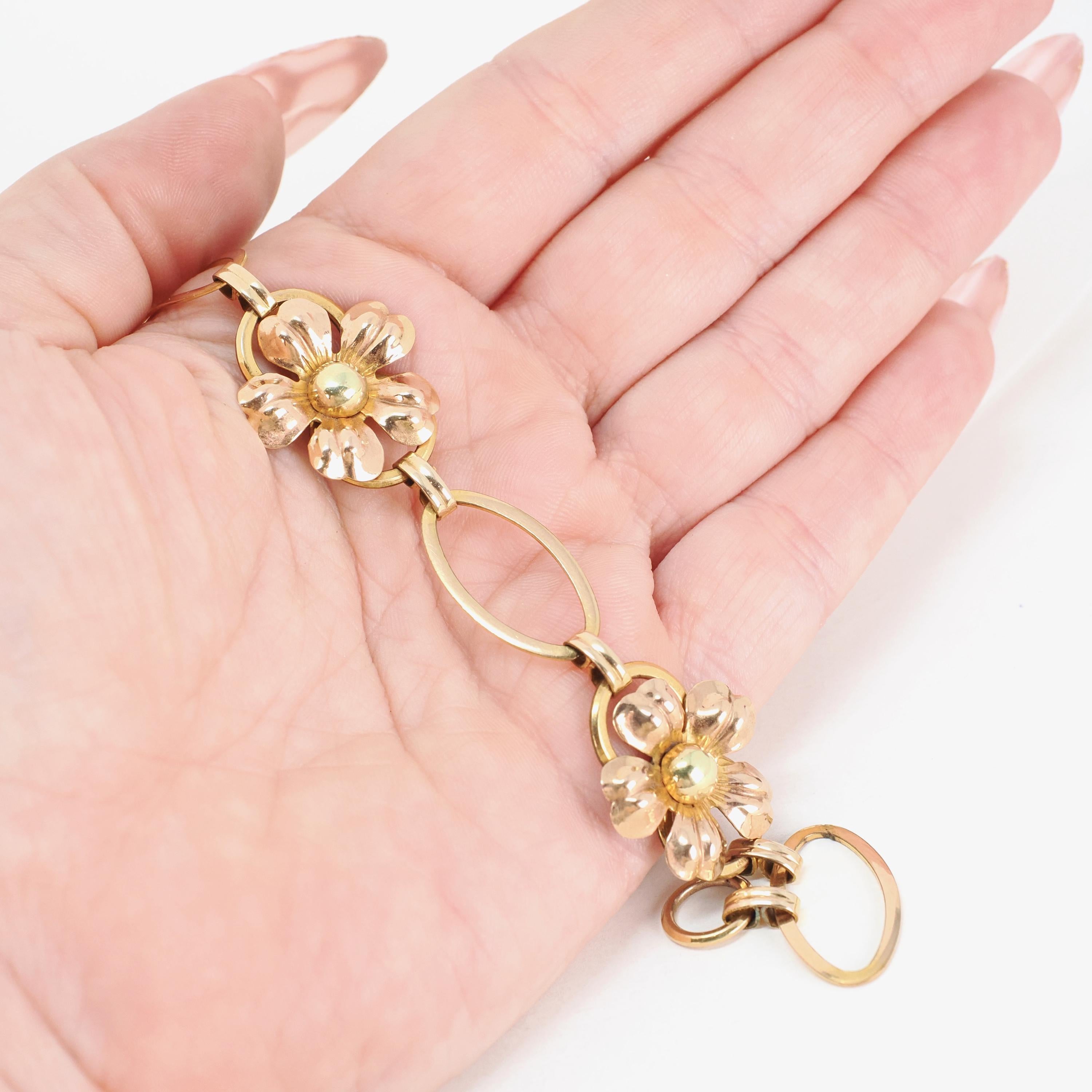 Vintage Flower Bracelet - Retro 12k Gold Filled Yellow & Rose Gold Statement Panels - Circa 1940s Era Fashion Accessory Van Dell Jewelry