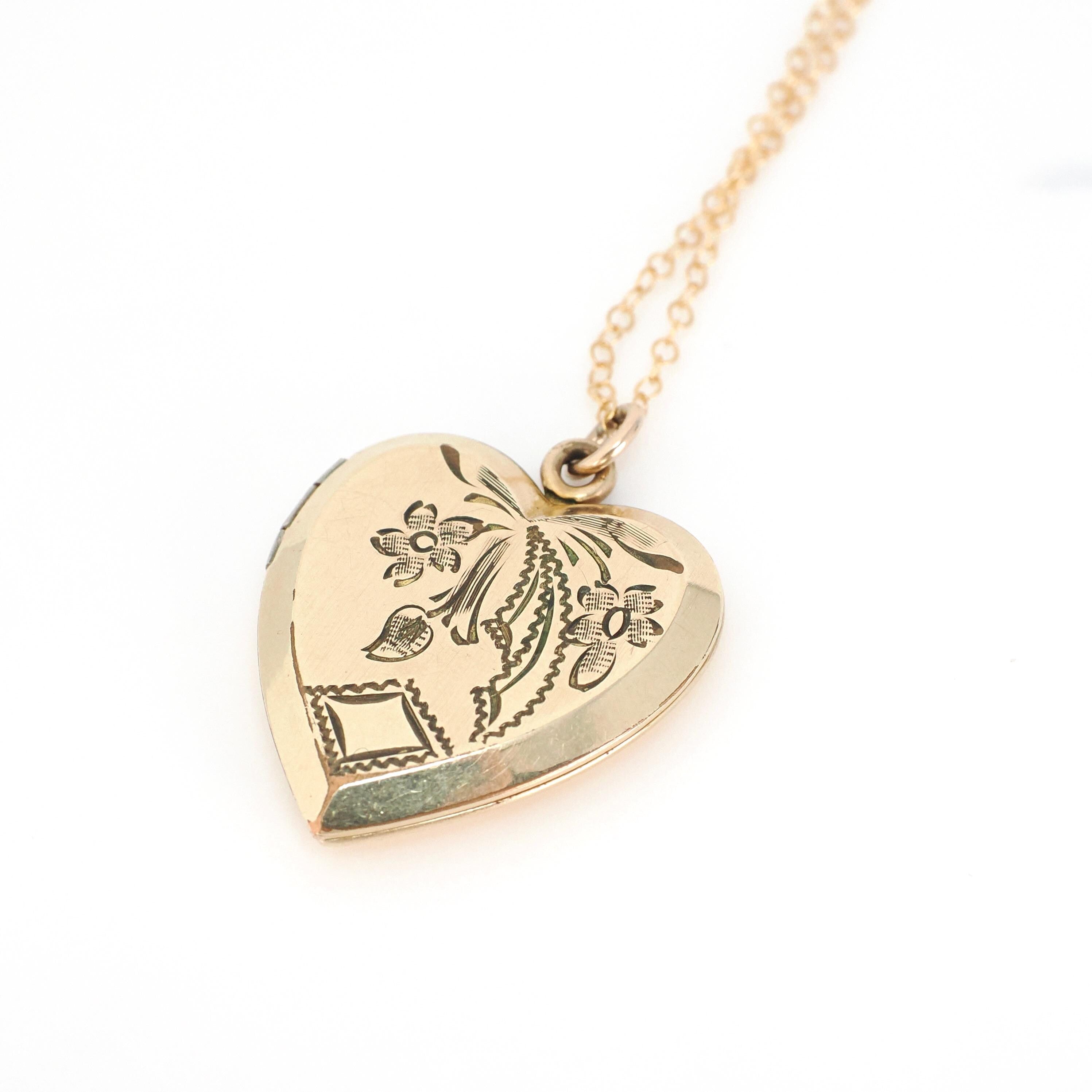 Vintage Heart Locket - Retro 10k Gold Filled Floral Bow Rhombus Engraved Design Pendant Necklace - Circa 1940s Keepsake Photograph Jewelry