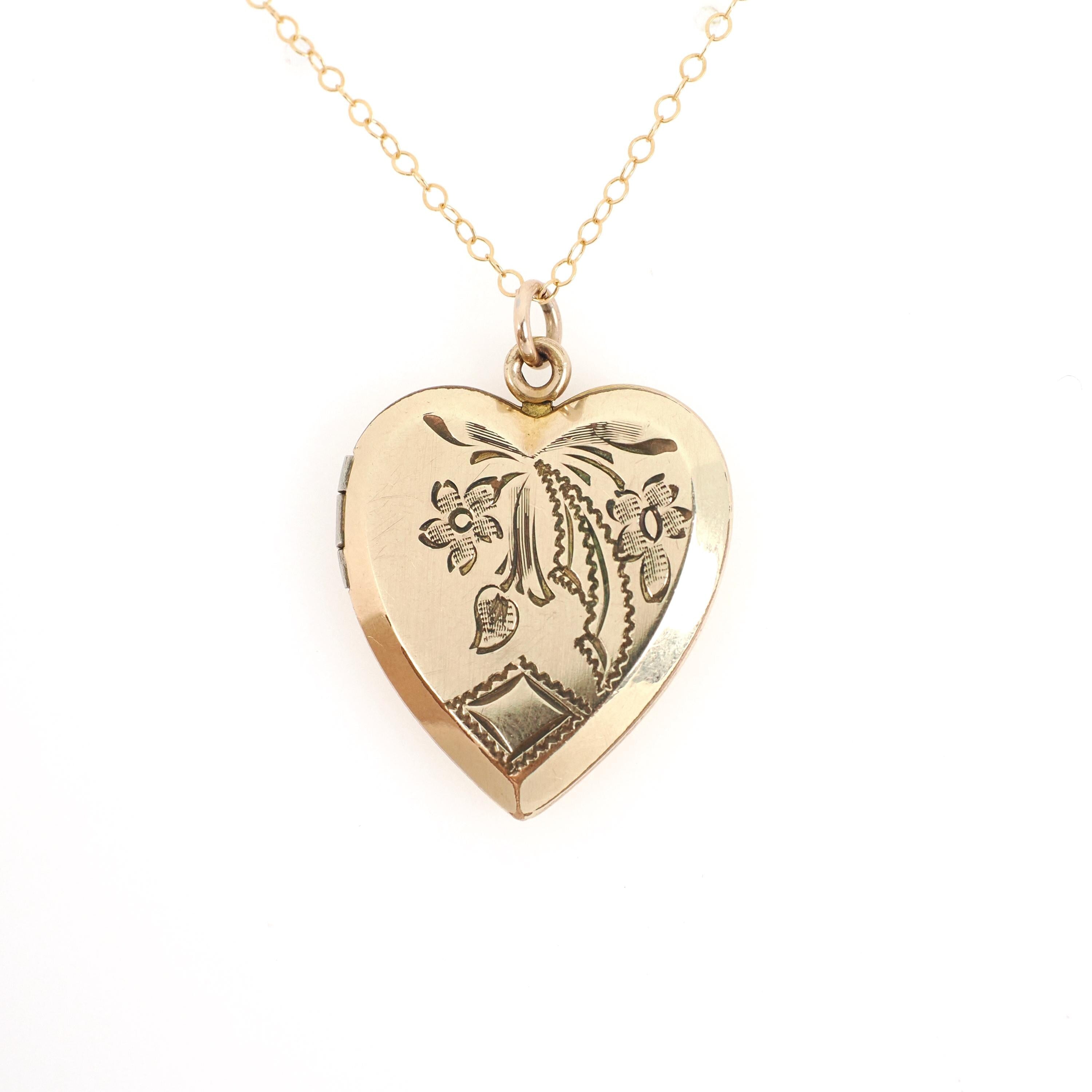 Vintage Heart Locket - Retro 10k Gold Filled Floral Bow Rhombus Engraved Design Pendant Necklace - Circa 1940s Keepsake Photograph Jewelry