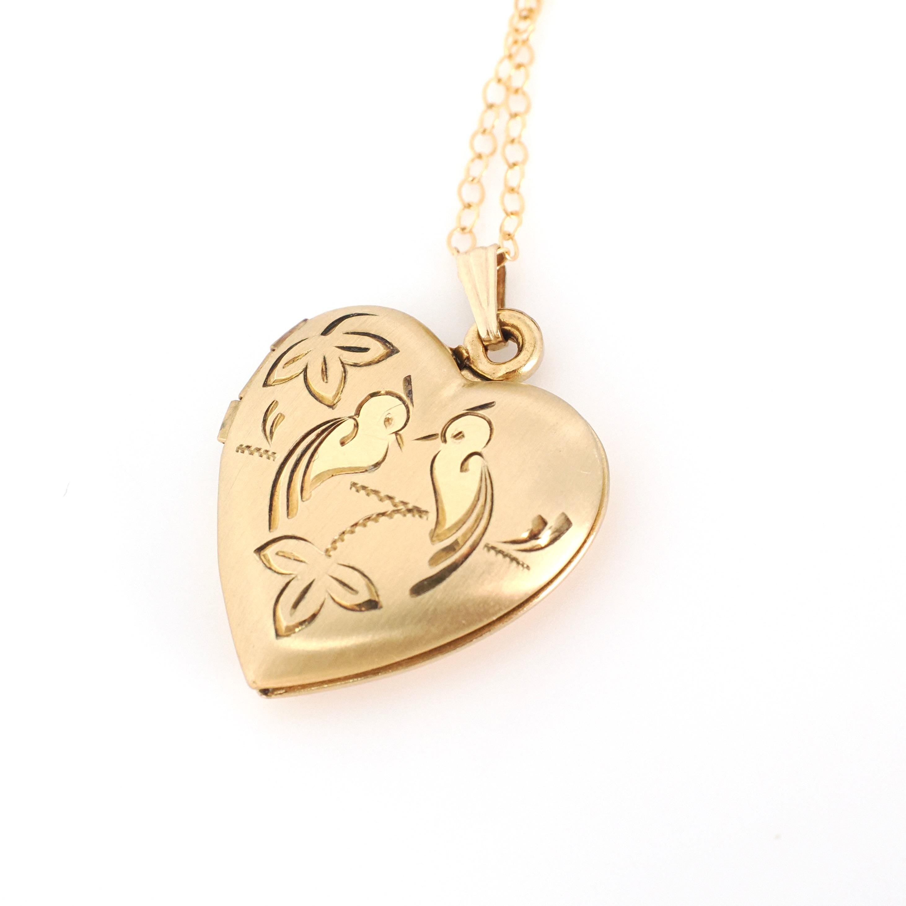 Love Bird Locket - Retro 14k Gold Filled Engraved Heart Pendant Necklace Charm - Vintage Circa 1960s Era Sweetheart Keepsake Photo Jewelry