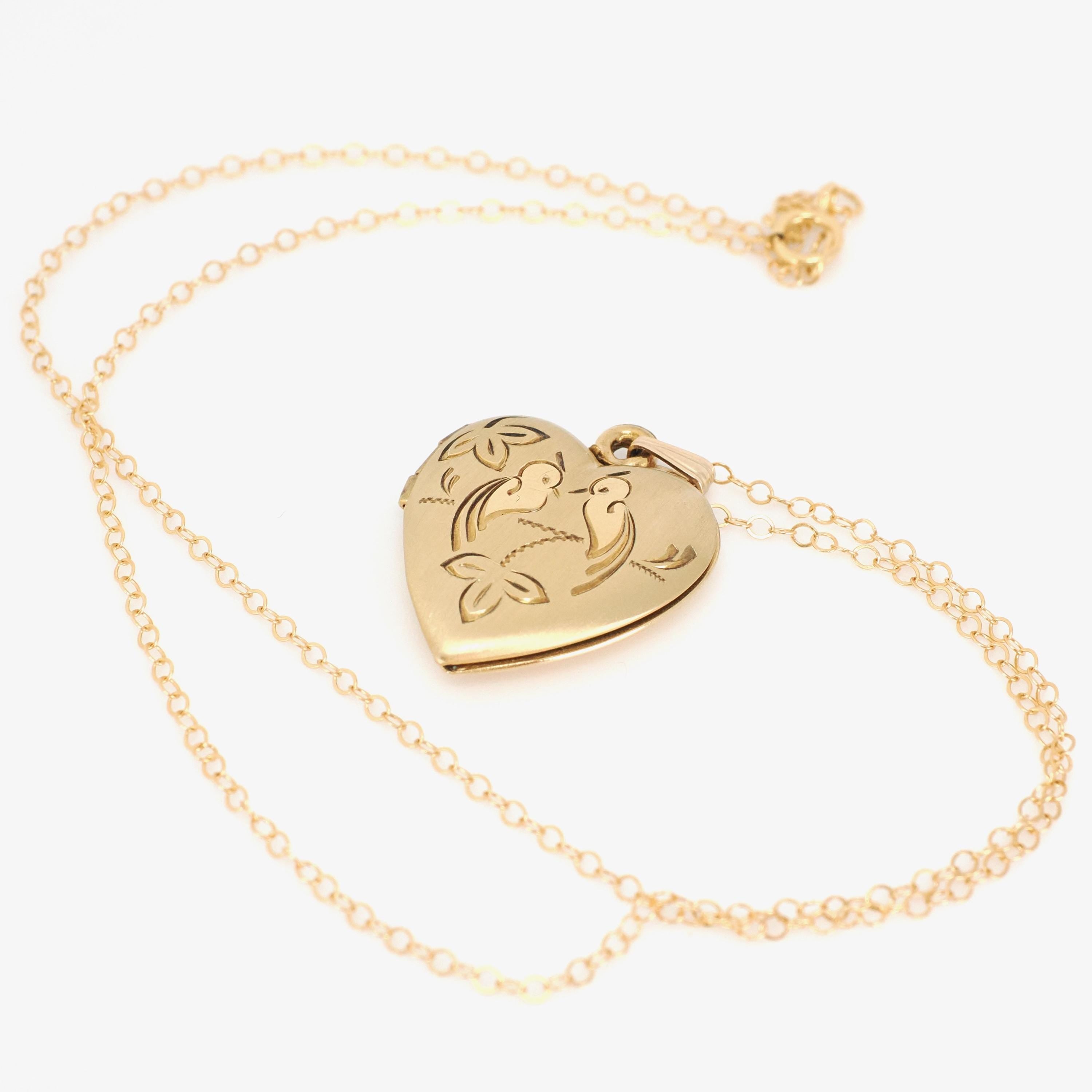 Love Bird Locket - Retro 14k Gold Filled Engraved Heart Pendant Necklace Charm - Vintage Circa 1960s Era Sweetheart Keepsake Photo Jewelry