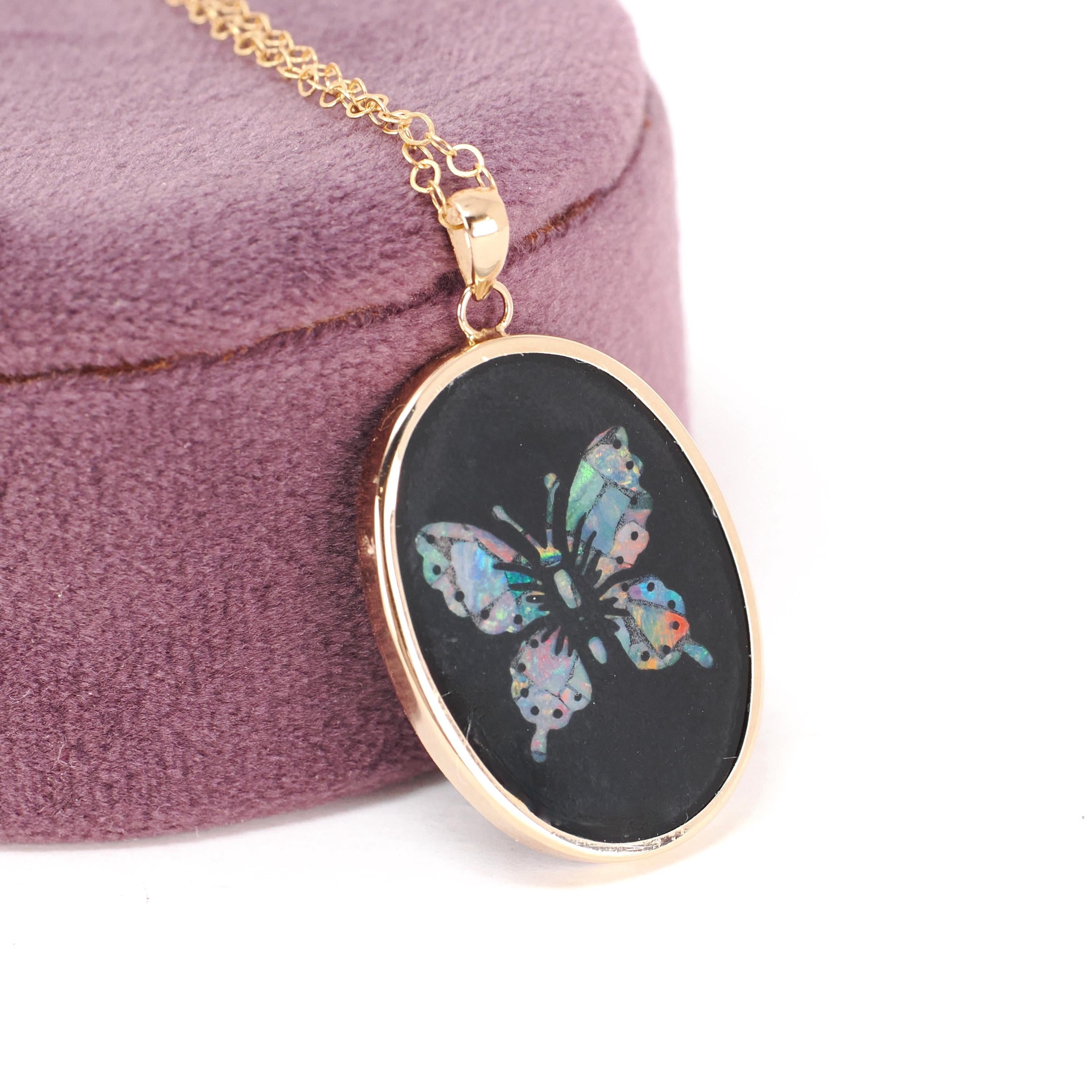 Modern Butterfly Pendant - Estate 14K Yellow Gold Natural Onyx Mosaic Opal Inlay Charm - Circa 1990s Nature Inspired Necklace Fine Jewelry