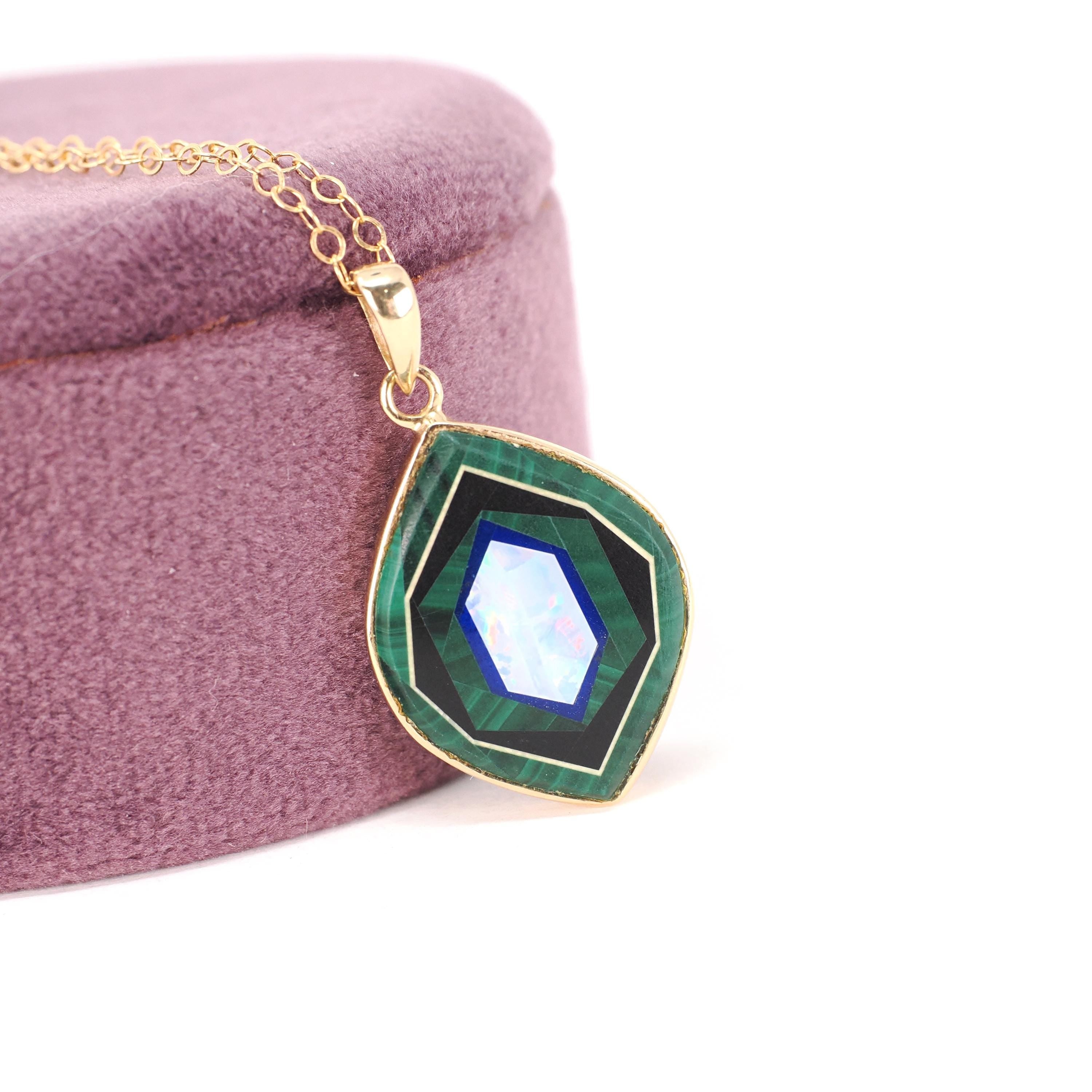 Inlayed Gemstone Pendant - Modern 14k Yellow Gold Natural Opal Lapis Malachite Onyx Charm - Circa 2000s Era Mystical Lantern Fine Jewelry