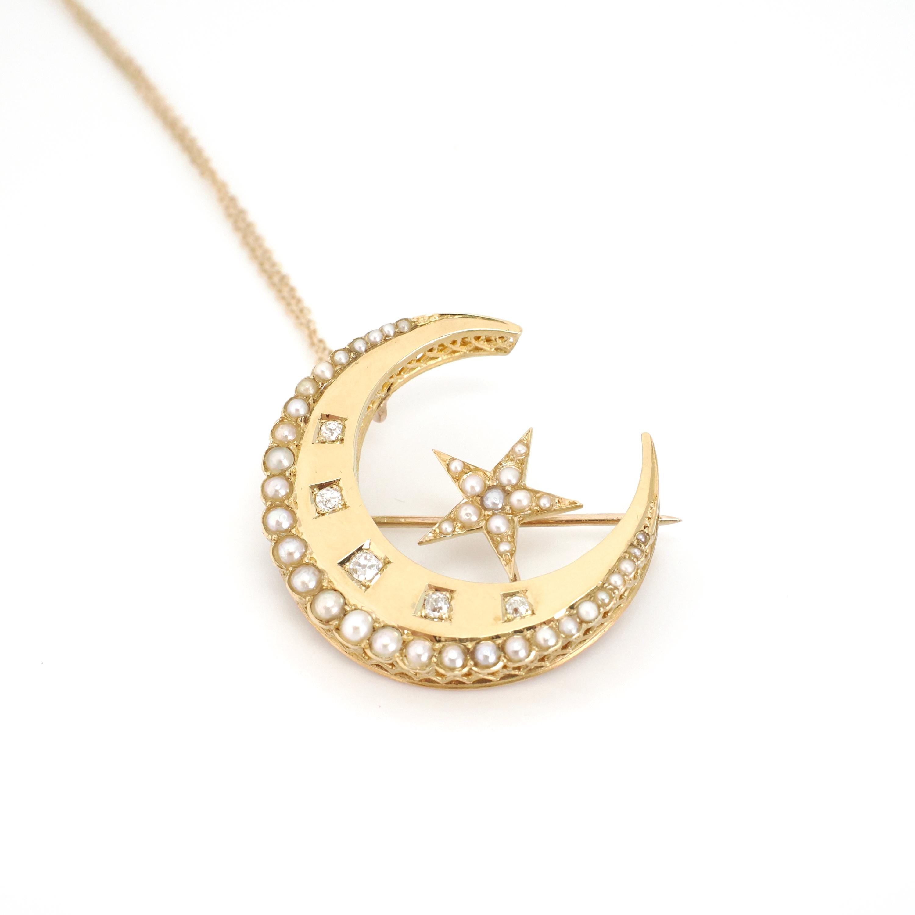 Victorian Crescent Moon Brooch - Antique 14k Yellow Gold .14 CTW Old Mine Cut Diamond Pin - Circa 1880s Era Seed Pearl Fine Pendant Jewelry