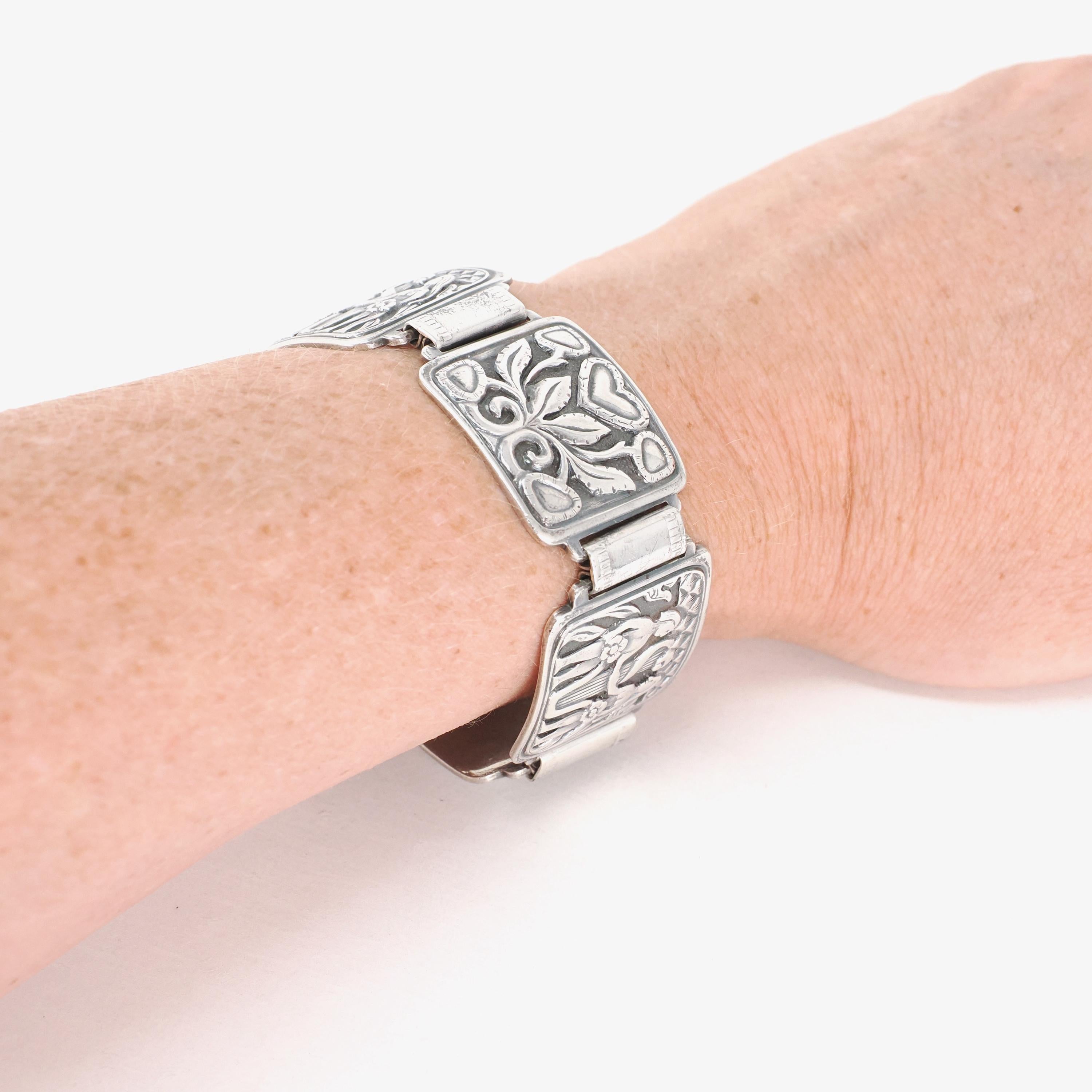 David Anderson Adam & Eve Bracelet - Mid Century Sterling Silver Panel Link Statement - Circa 1950s Era Collectible Signed Religious Jewelry