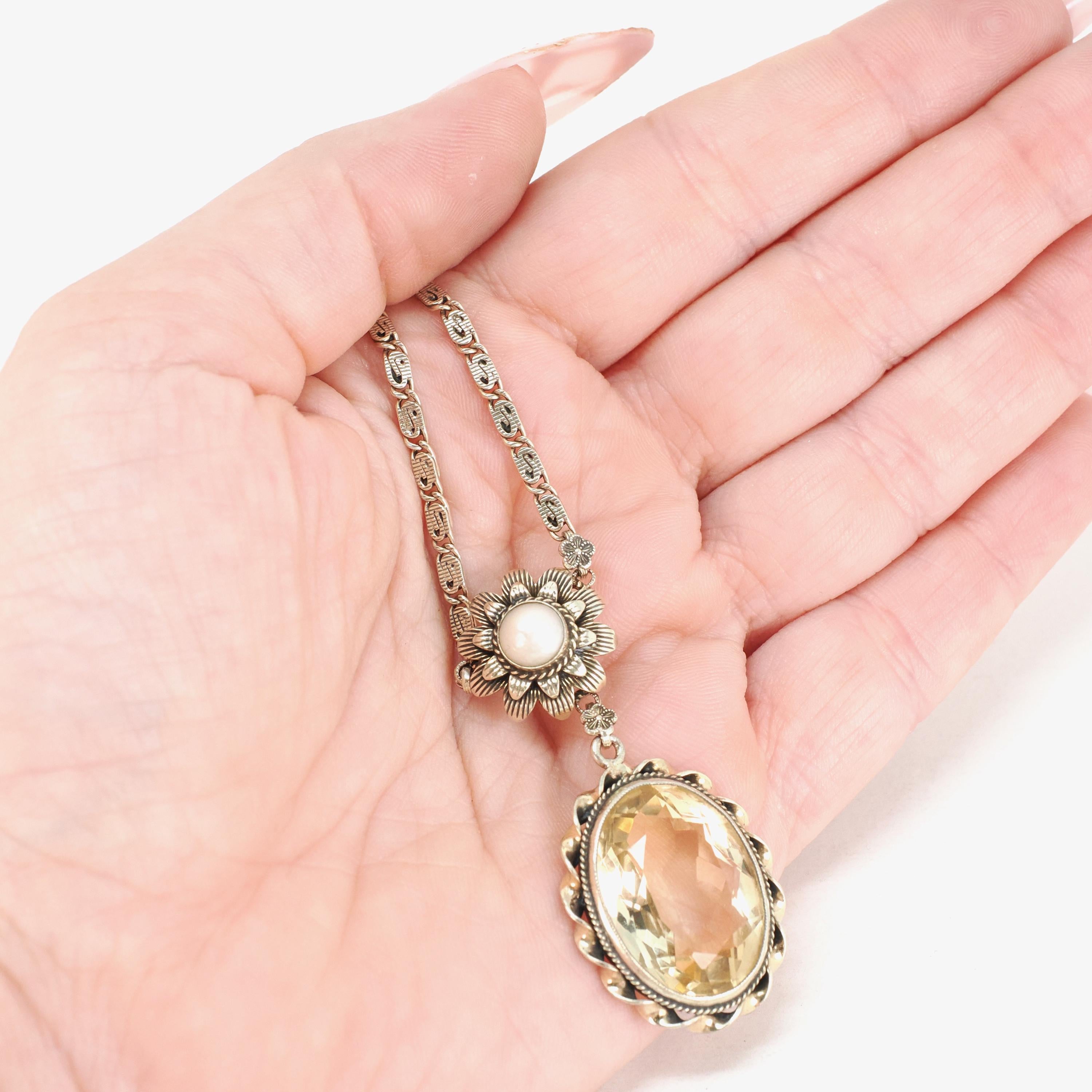 Vintage Citrine Necklace - Mid Century Gold Wash Over Sterling Silver Natural Gem & Cultured Pearl - Circa 1940s Era Floral Nature Jewelry