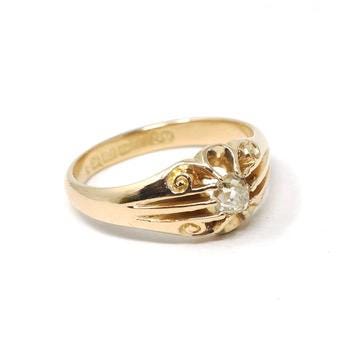 Edwardian Diamond Ring - Antique 18k Yellow Gold .40 CT Men's Unisex Belcher Solitaire - Vintage 1910s Size 8 1/2 Fine Engagement Jewelry