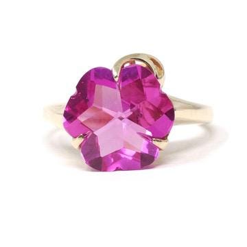 Created Pink Sapphire Ring - Retro 10k Yellow Gold Fancy Cut Flower Stone - Vintage Circa 1940s Era Size 8 1/2 Statement Fine 40s Jewelry