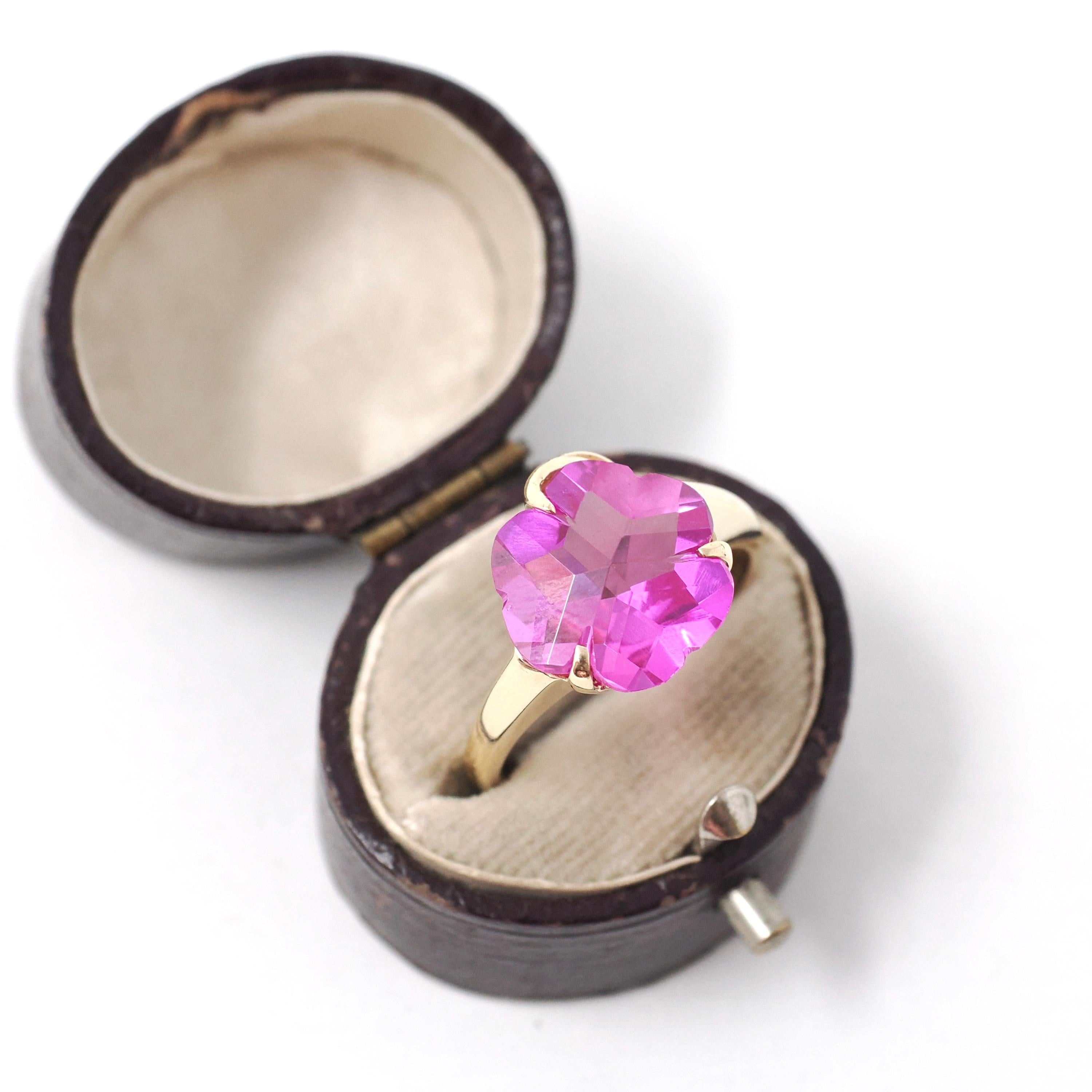 Created Pink Sapphire Ring - Retro 10k Yellow Gold Fancy Cut Flower Stone - Vintage Circa 1940s Era Size 8 1/2 Statement Fine 40s Jewelry