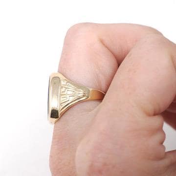 Created Spinel Intaglio Ring - Mid Century 10k Yellow Gold Carved Blue Coat Of Arms Gemstone Signet - Dated 1956 Size 7 Fine Lineage Jewelry