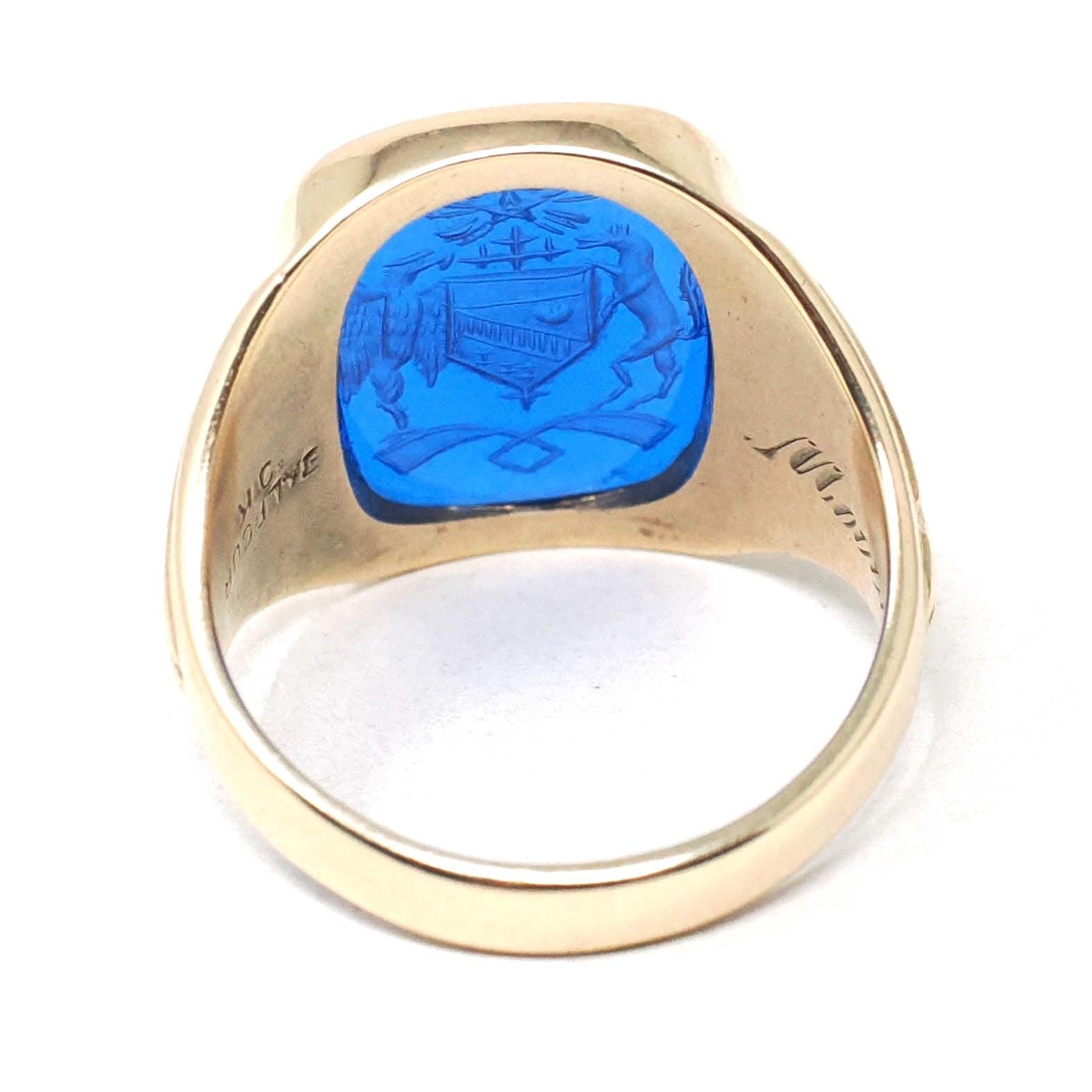 Created Spinel Intaglio Ring - Mid Century 10k Yellow Gold Carved Blue Coat Of Arms Gemstone Signet - Dated 1956 Size 7 Fine Lineage Jewelry