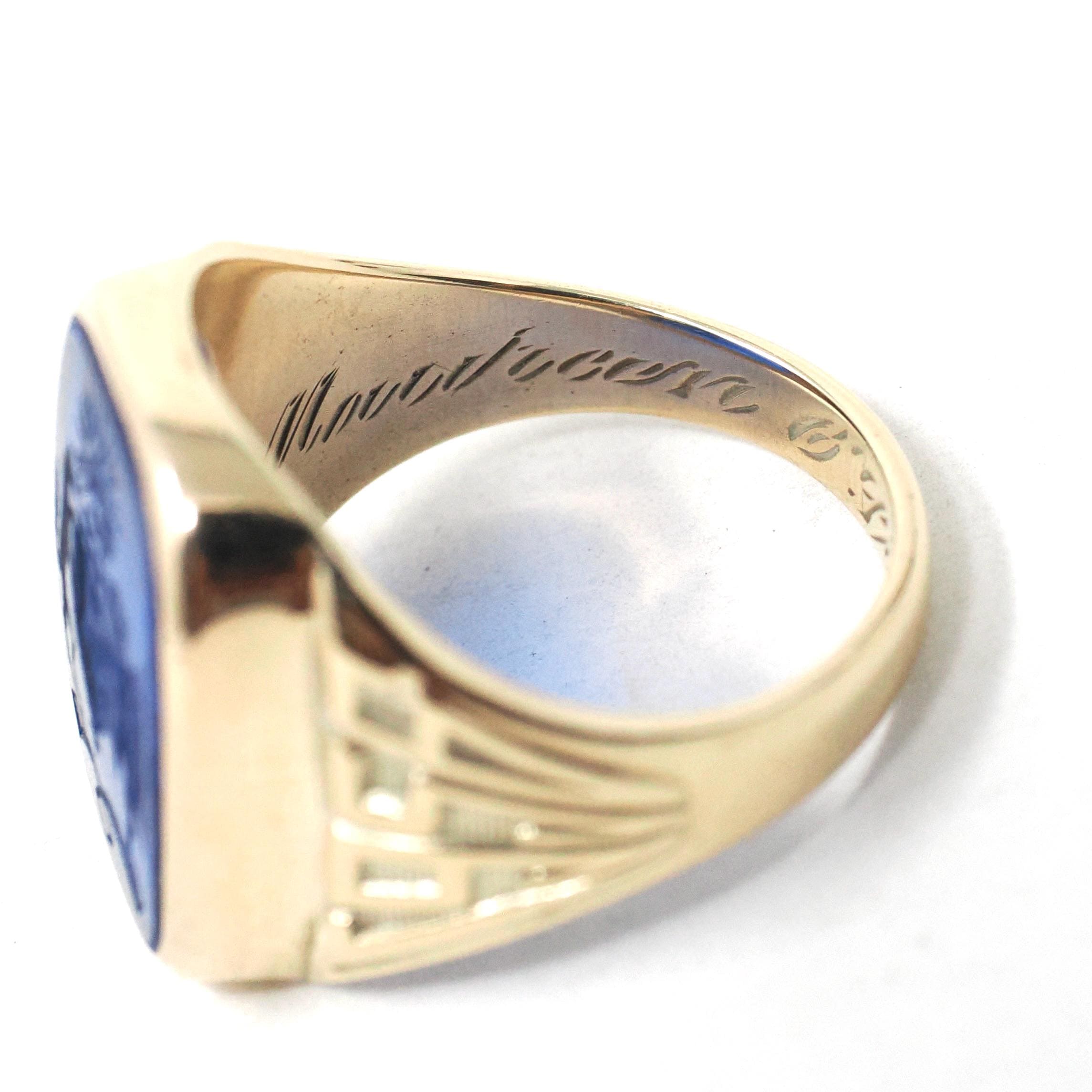 Created Spinel Intaglio Ring - Mid Century 10k Yellow Gold Carved Blue Coat Of Arms Gemstone Signet - Dated 1956 Size 7 Fine Lineage Jewelry