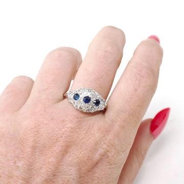 Mid Century Cluster Ring - Vintage 14k White Gold Natural Blue Sapphire & Diamond Princess Style - Circa 1950s Era Size 10 1/2 Fine Jewelry