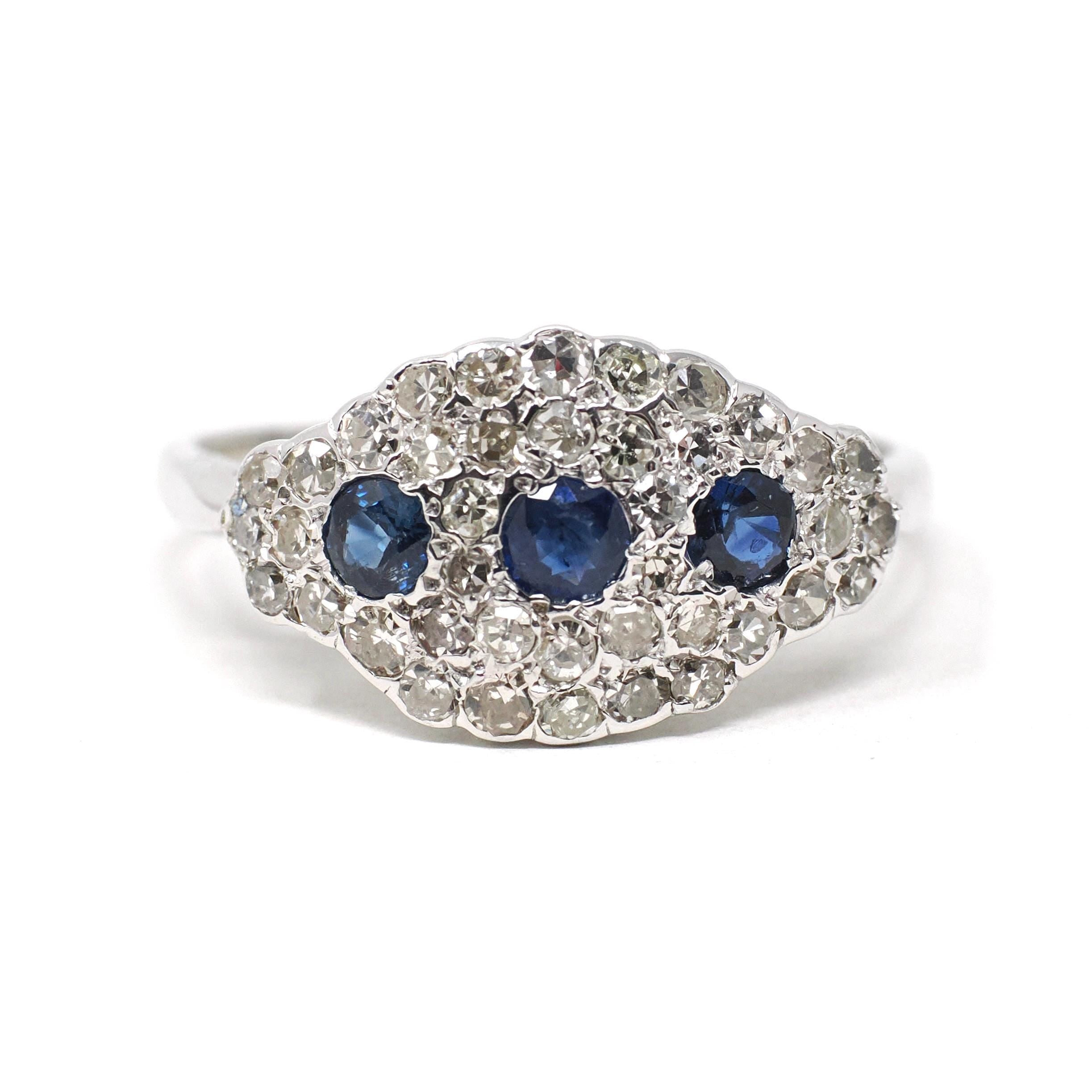 Mid Century Cluster Ring - Vintage 14k White Gold Natural Blue Sapphire & Diamond Princess Style - Circa 1950s Era Size 10 1/2 Fine Jewelry
