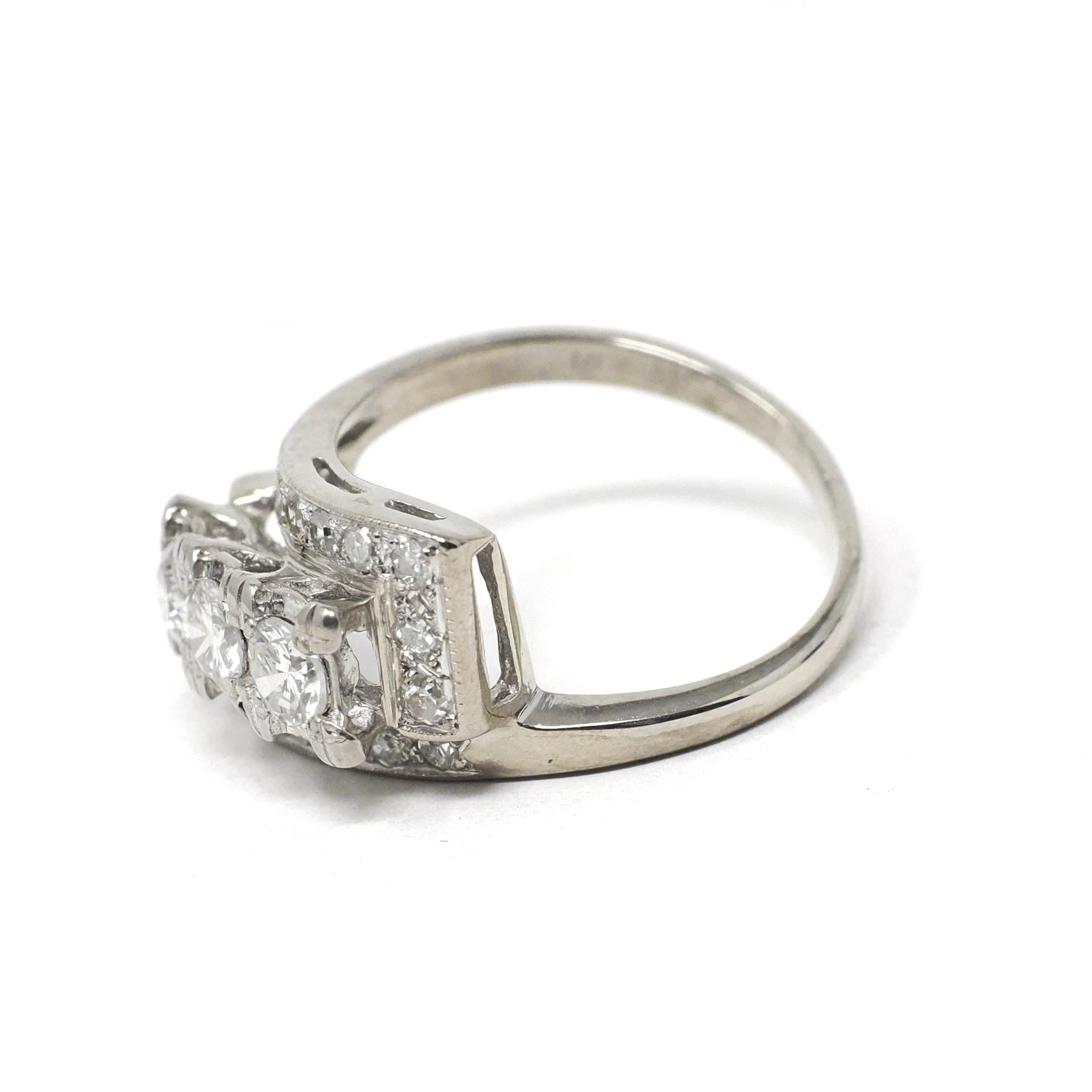 Mid Century Diamond Ring - Vintage 14k White Gold Natural .90 CTW Cocktail Bypass Band - Circa 1950s Era Size 6 1/2 Fine Statement Jewelry