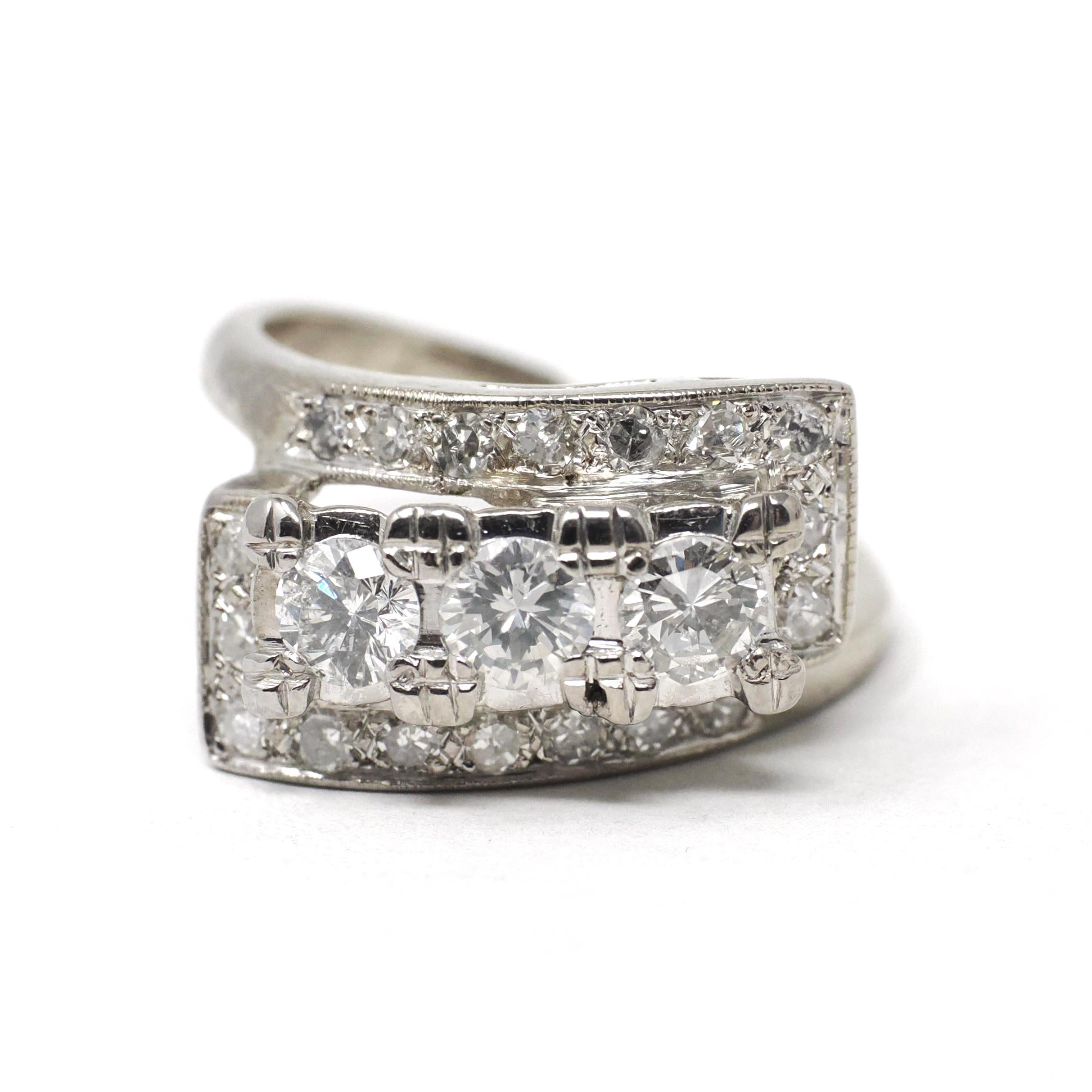 Mid Century Diamond Ring - Vintage 14k White Gold Natural .90 CTW Cocktail Bypass Band - Circa 1950s Era Size 6 1/2 Fine Statement Jewelry