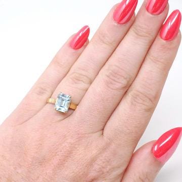 Modern Aquamarine Ring - Estate 18k Yellow Gold Emerald Cut 2.14 CT Blue Gem - Estate Circa 2000s Era Size 5 1/2 March Birthstone Jewelry