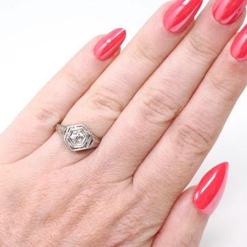 Vintage Diamond Ring - Art Deco 18k White Gold Natural .30 CT Solitaire Engagement - Circa 1930s Size 4 3/4 Hexagonal Filigree Fine Jewelry