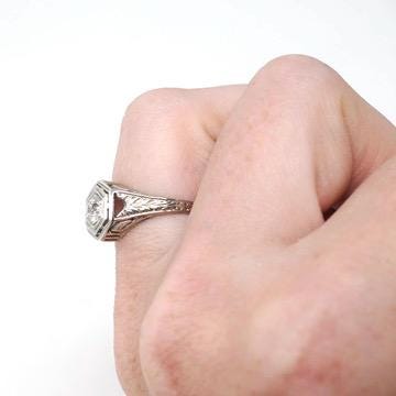 Vintage Diamond Ring - Art Deco 18k White Gold Natural .30 CT Solitaire Engagement - Circa 1930s Size 4 3/4 Hexagonal Filigree Fine Jewelry