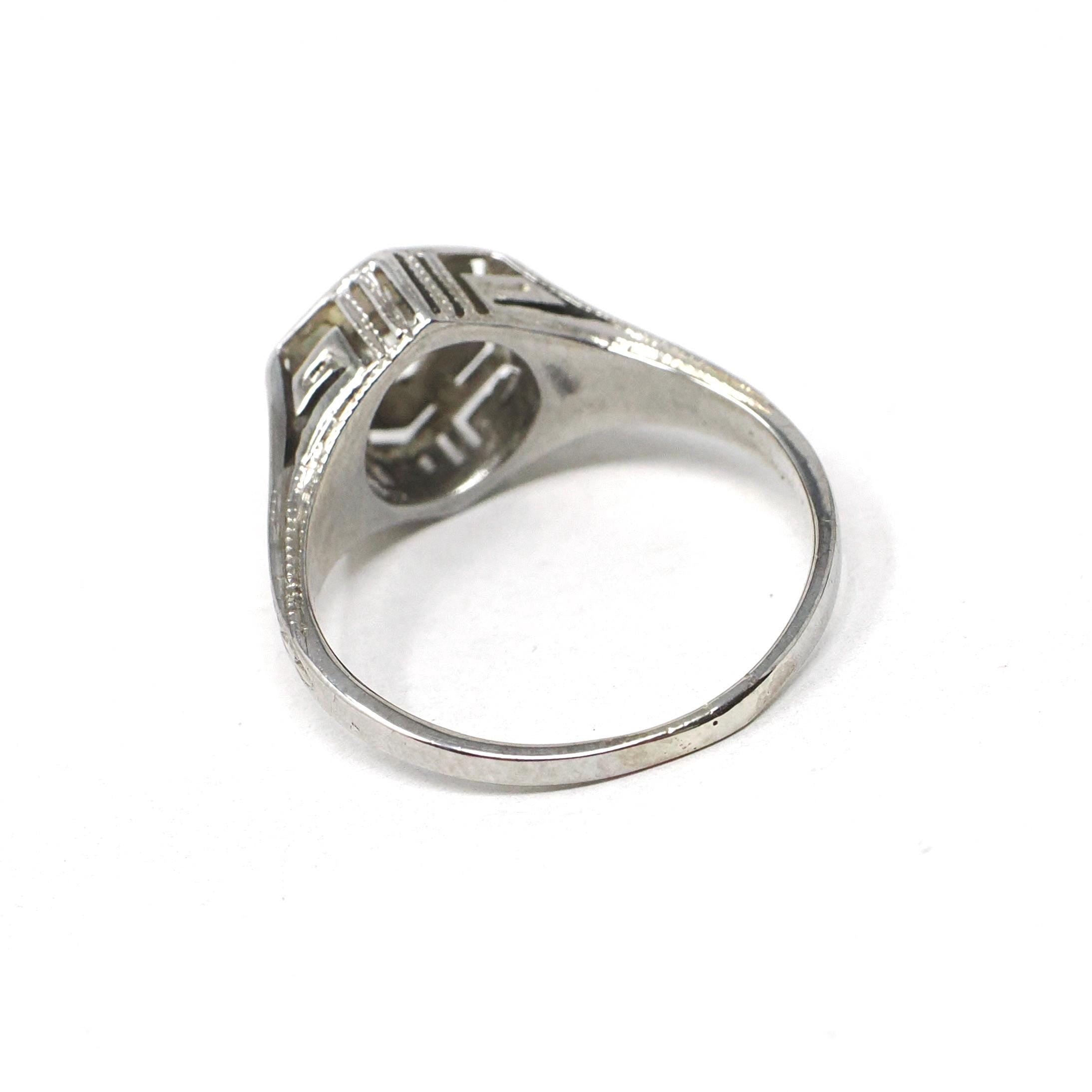 Vintage Diamond Ring - Art Deco 18k White Gold Natural .30 CT Solitaire Engagement - Circa 1930s Size 4 3/4 Hexagonal Filigree Fine Jewelry