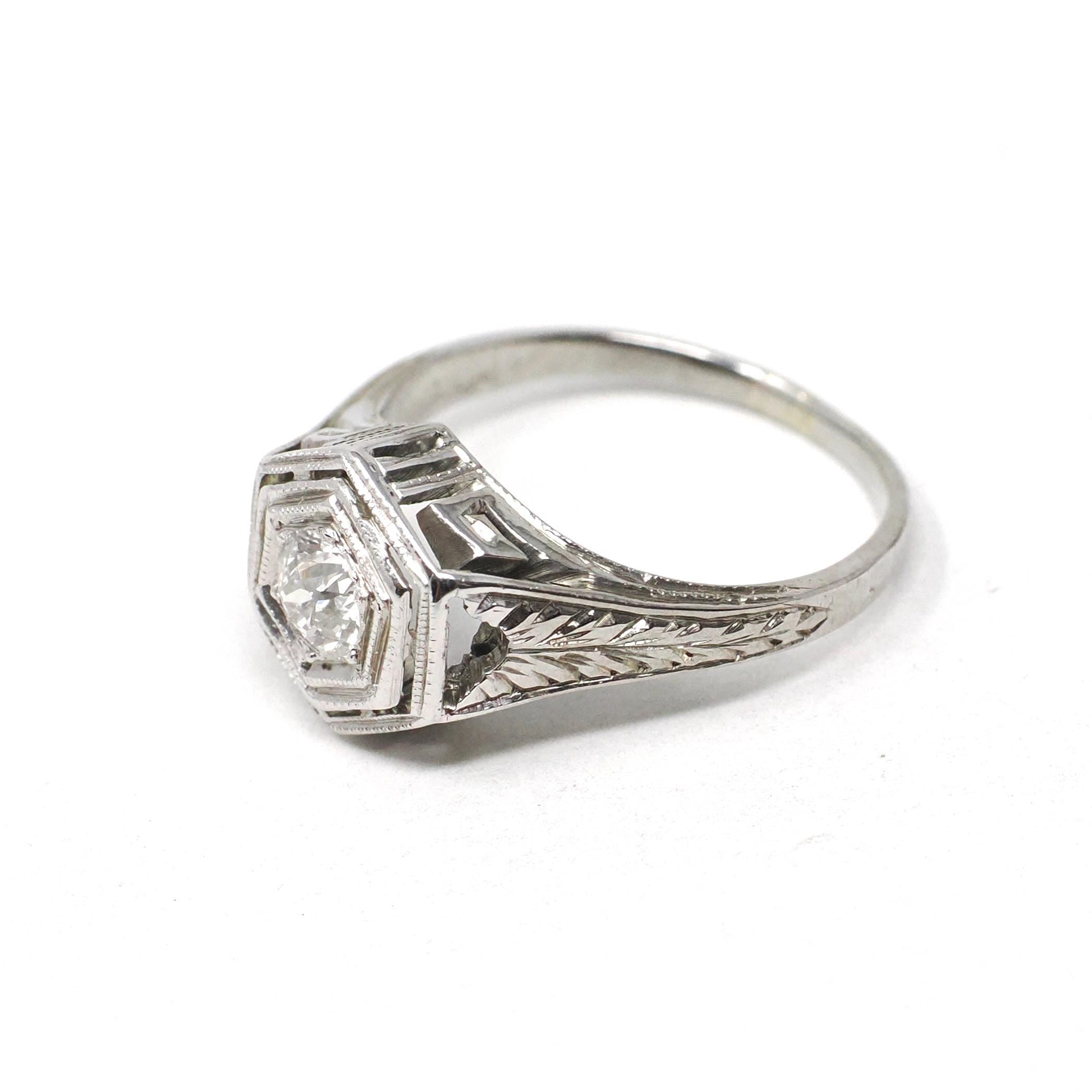 Vintage Diamond Ring - Art Deco 18k White Gold Natural .30 CT Solitaire Engagement - Circa 1930s Size 4 3/4 Hexagonal Filigree Fine Jewelry