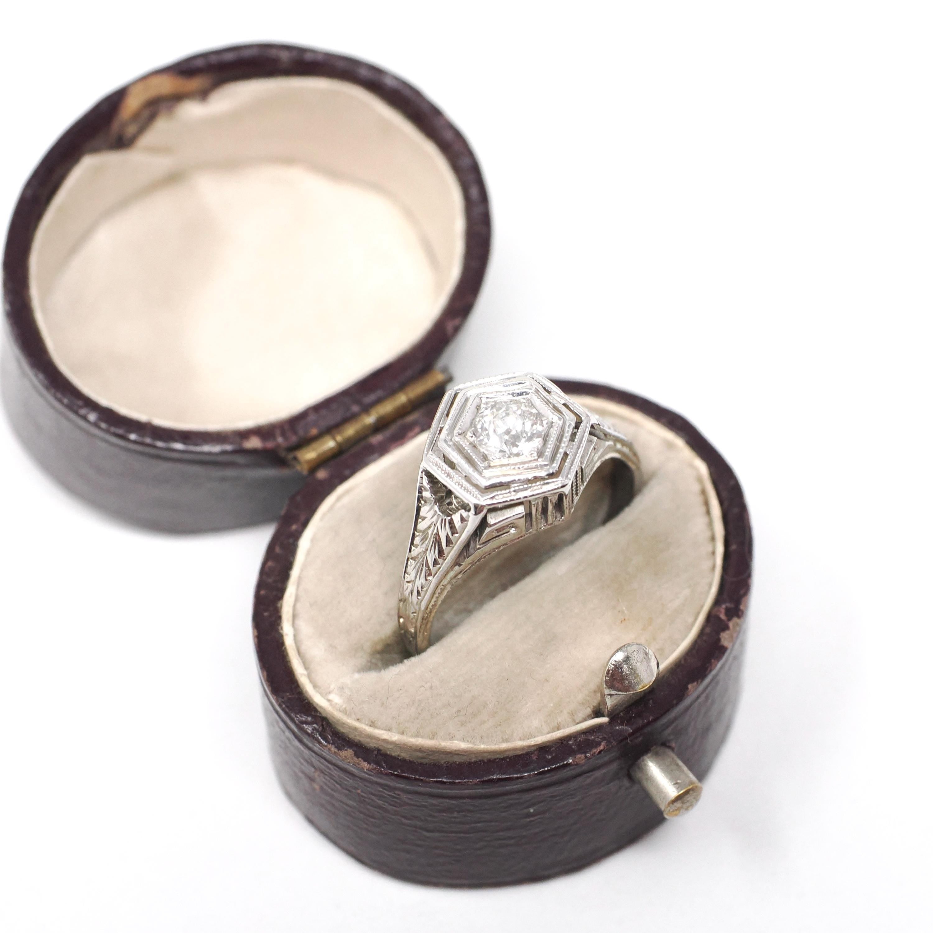 Vintage Diamond Ring - Art Deco 18k White Gold Natural .30 CT Solitaire Engagement - Circa 1930s Size 4 3/4 Hexagonal Filigree Fine Jewelry