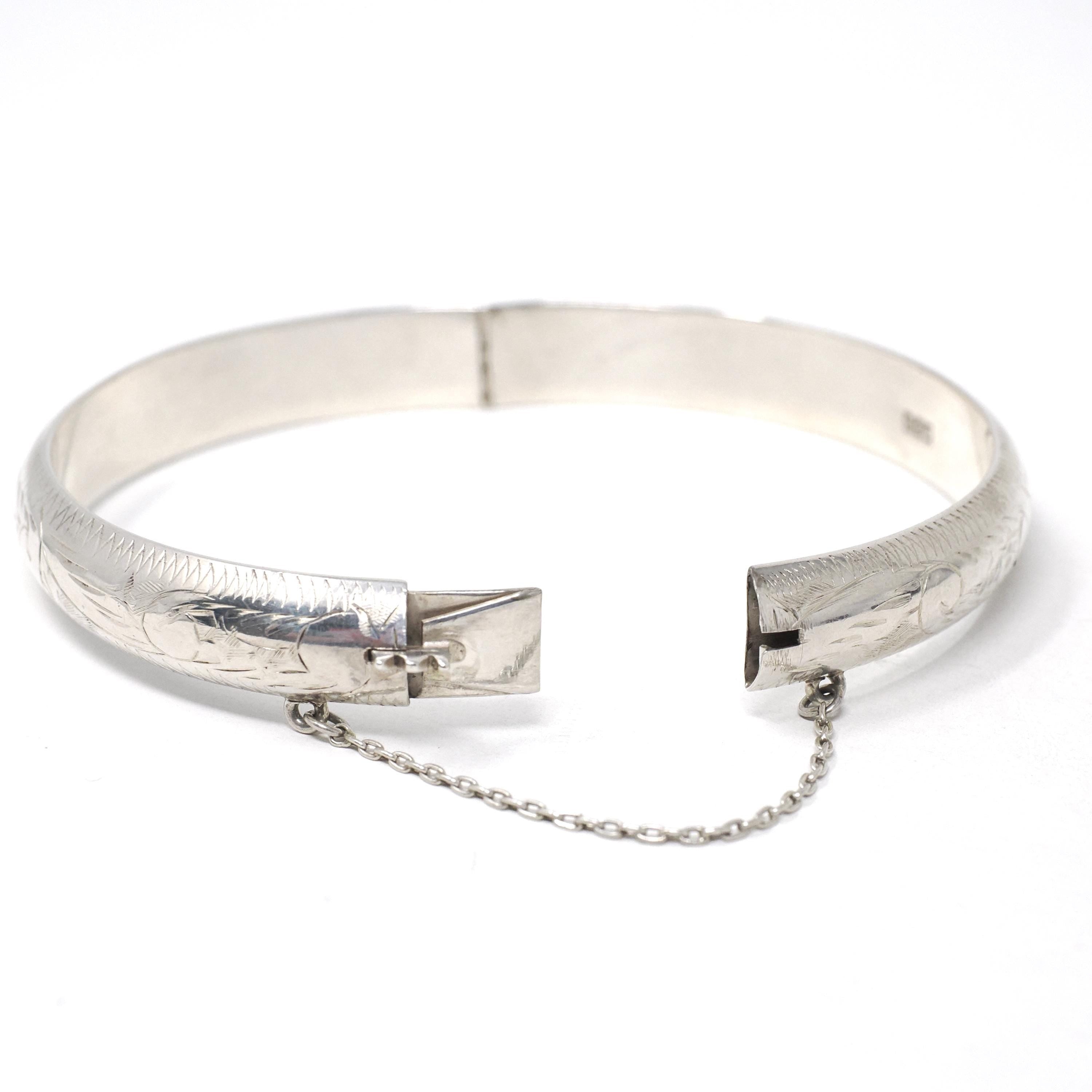 Vintage Bangle Bracelet - Retro Sterling Silver 7 Inch Flower Nature Inspired Design - Circa 1960s Era Statement Safety Chain 60s Jewelry