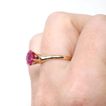 Created Ruby Ring - Mid Century 10k Yellow Gold Round Faceted 1.90 CT Red Pink Stone - Vintage Circa 1940s Era Size 5 3/4 Solitaire Jewelry