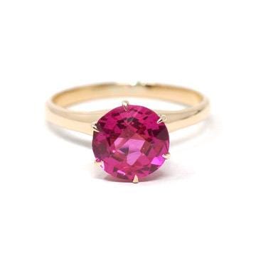 Created Ruby Ring - Mid Century 10k Yellow Gold Round Faceted 1.90 CT Red Pink Stone - Vintage Circa 1940s Era Size 5 3/4 Solitaire Jewelry